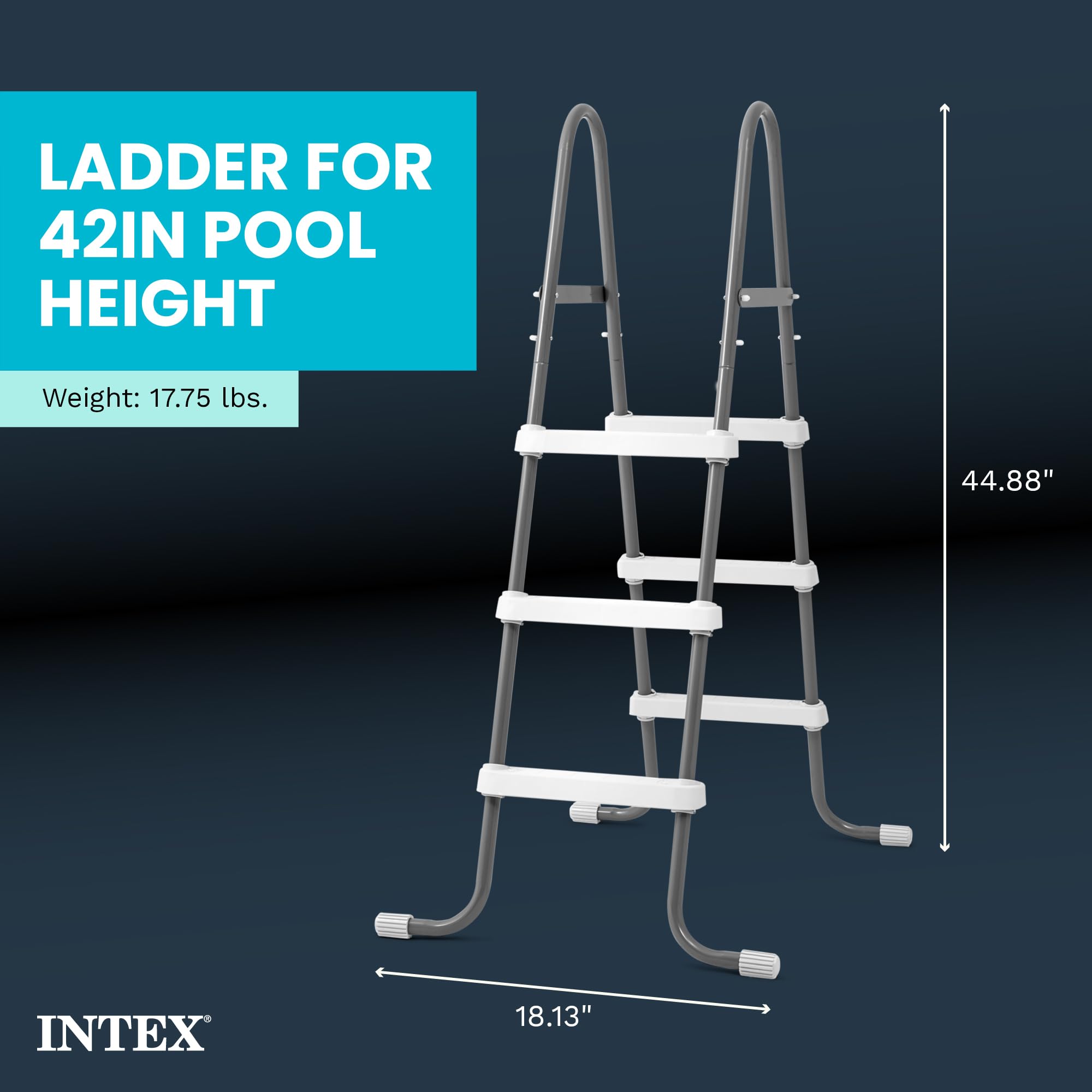 Intex pool ladder dimension graphic: 44.88 in tall, 18.13 in wide, 17.75 lb, sized for 42 in pool wall height