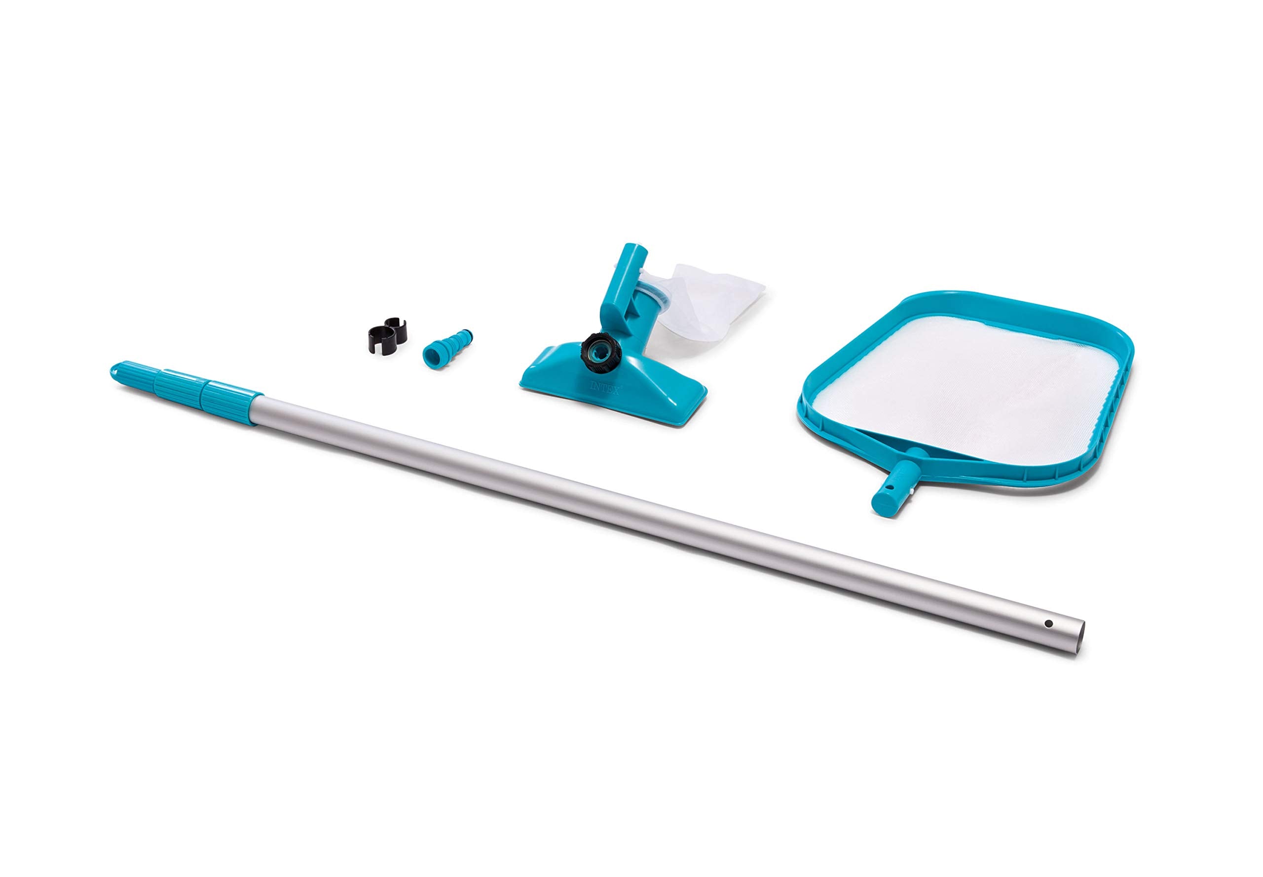 Intex pool maintenance kit laid out: telescoping aluminum pole, hose adapter and connector, vacuum head with debris bag, and surface skimmer net