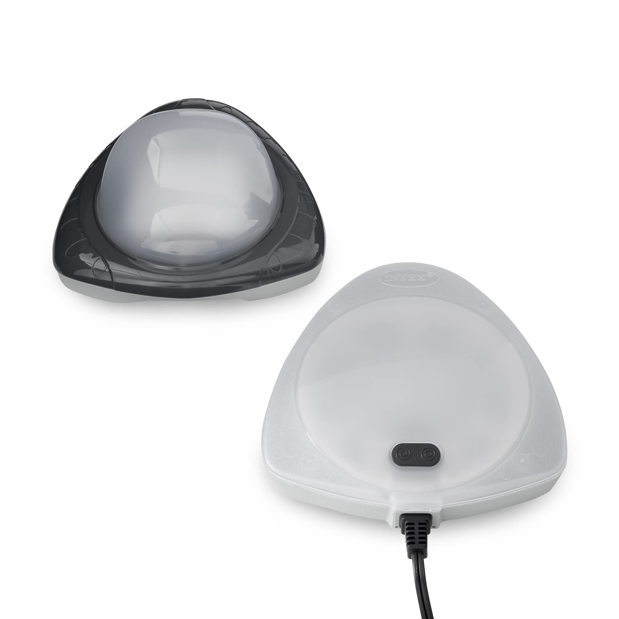 Intex magnetic underwater LED pool light, two-part unit with a dark outer transmitter and a frosted white inner light with power cord