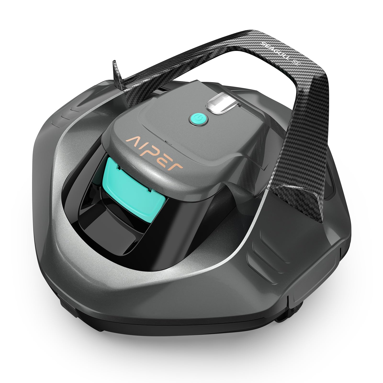 Aiper Seagull SE cordless robotic pool cleaner in grey with a teal filter door, carry handle, and top power button, studio shot