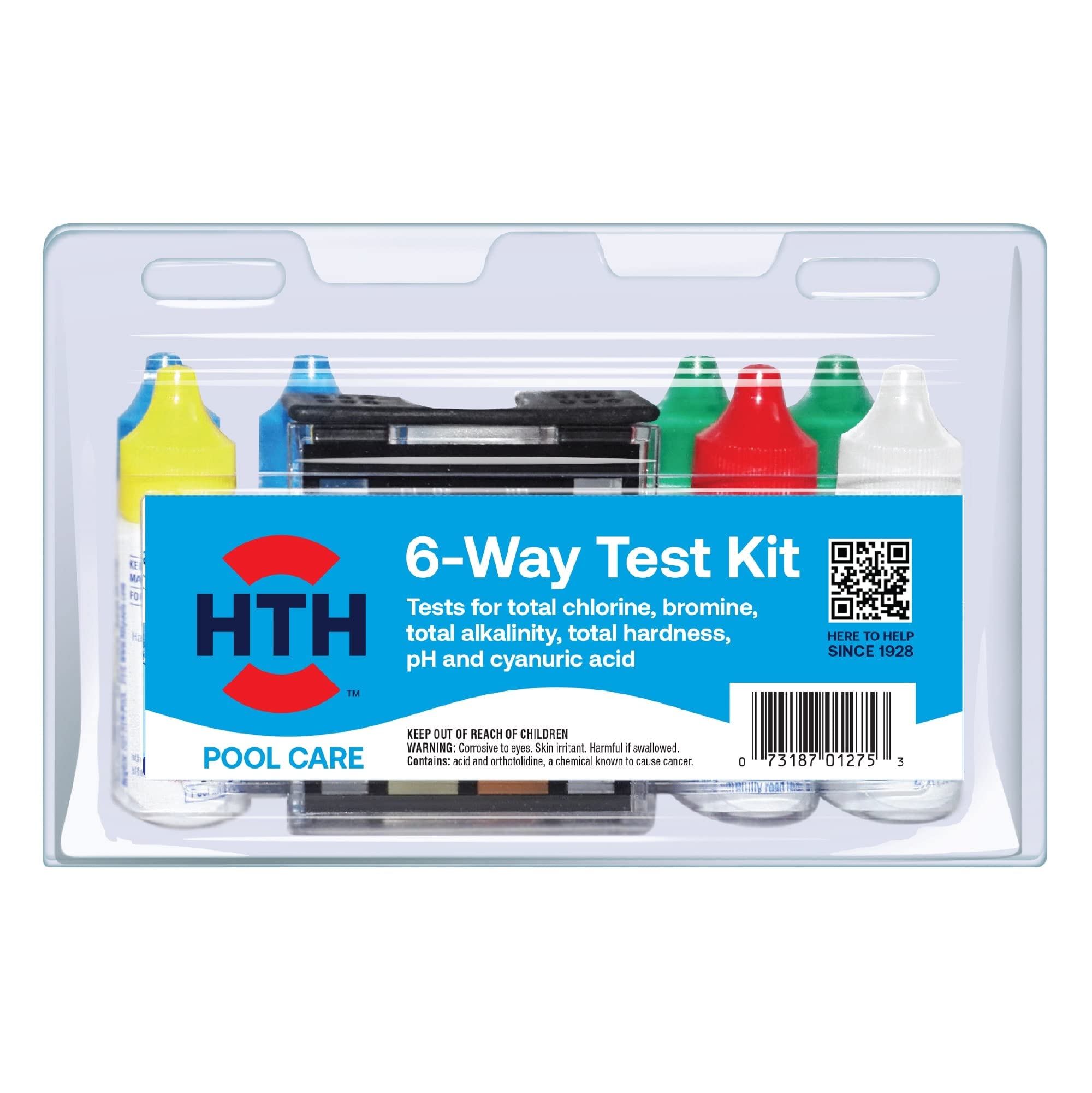 HTH 6-Way Test Kit packaging with reagent bottles and a color comparator block; tests for chlorine, bromine, alkalinity, hardness, pH, and cyanuric acid