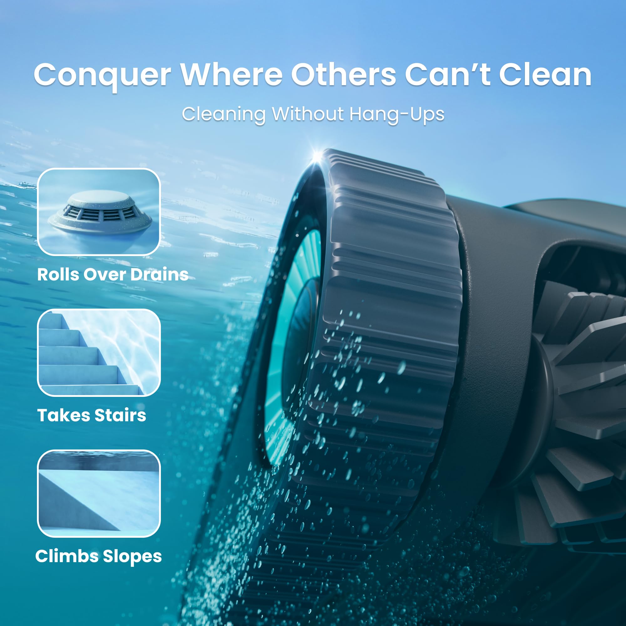 Conquer Where Others Cannot Clean graphic: the Aiper Scuba S1 rolls over drains, takes stairs, and climbs slopes