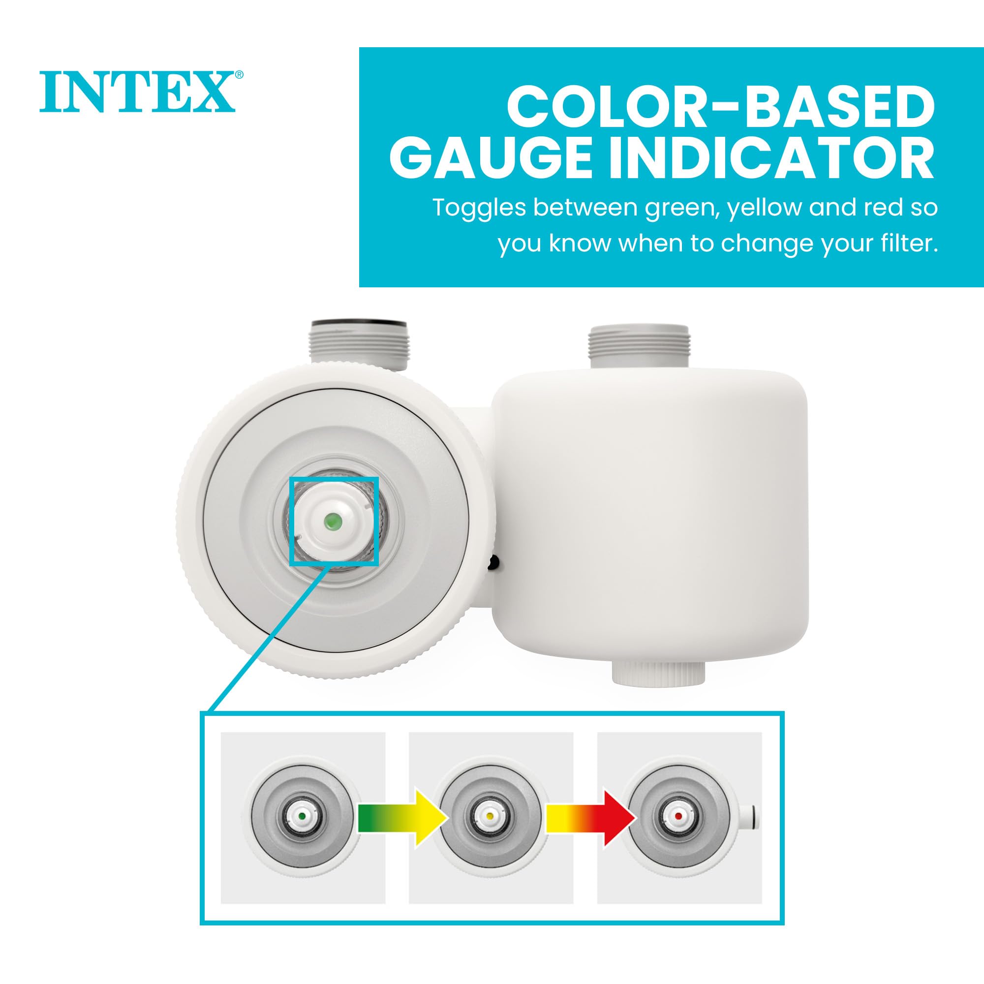 Intex C1500 color-based gauge indicator graphic showing the filter changes from green to yellow to red