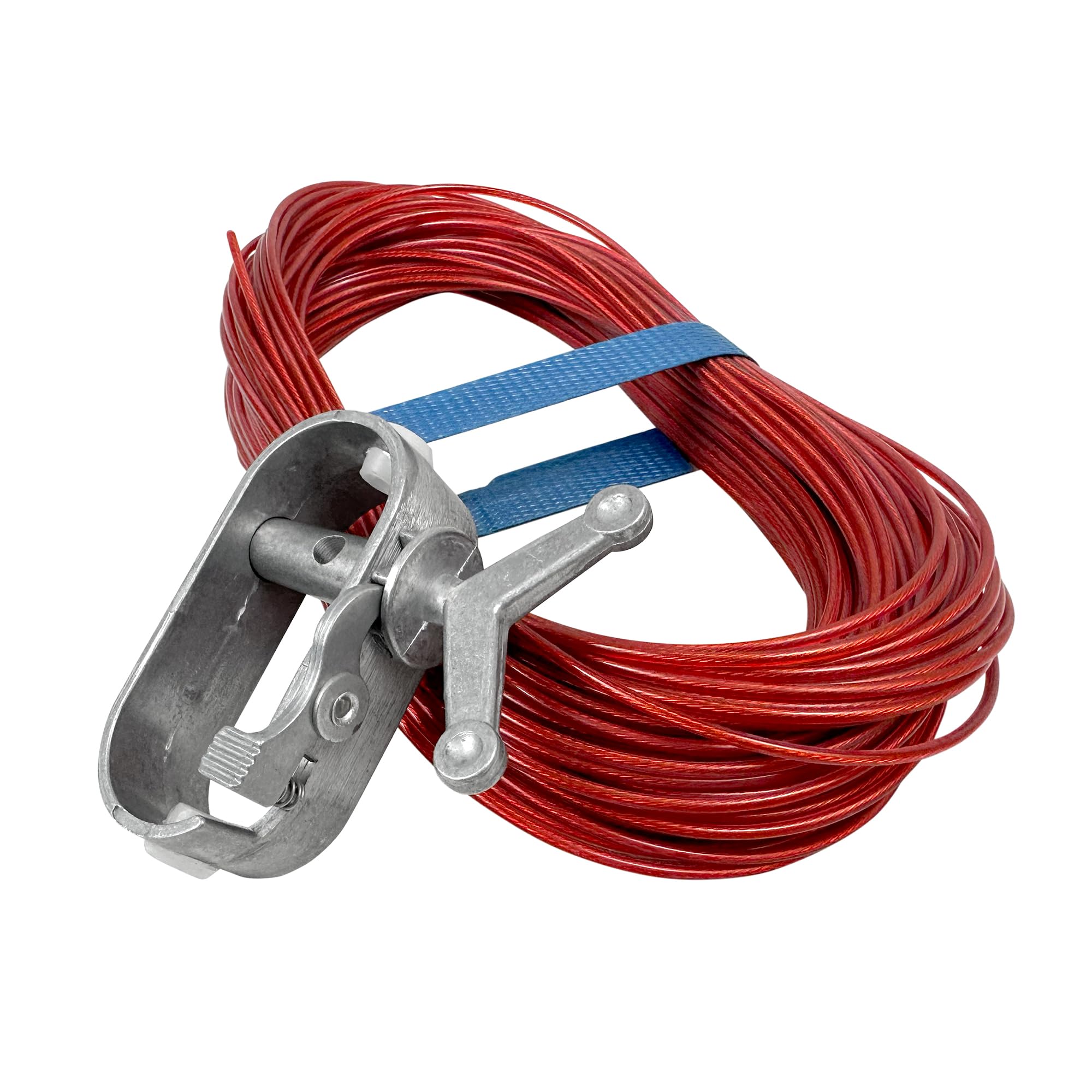 Red vinyl-coated cable and aluminum winch ratchet included with the Robelle winter pool cover