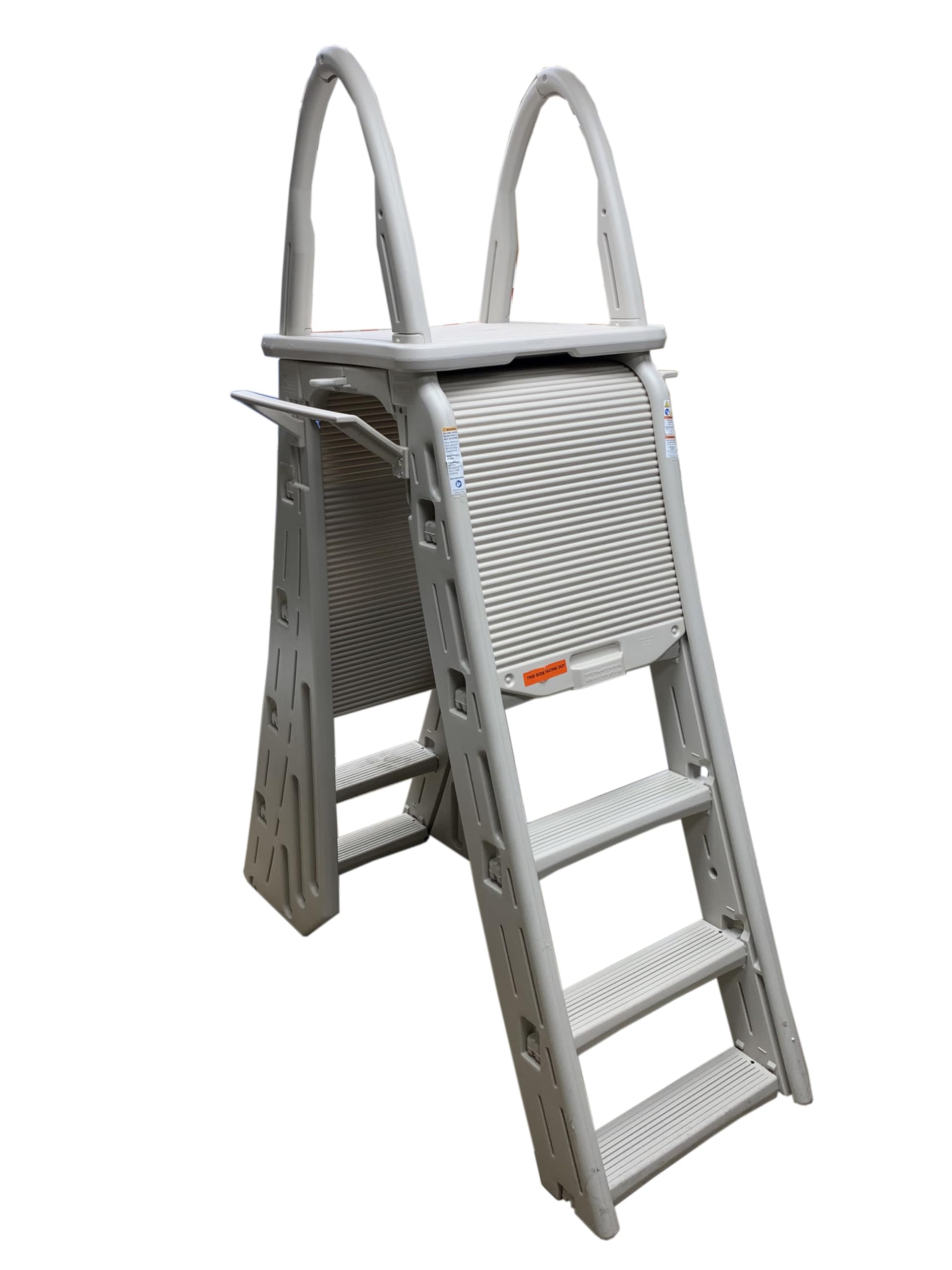 Confer A-Frame pool ladder with the roll-guard barrier partially raised, showing the inner ladder steps and safety warning label
