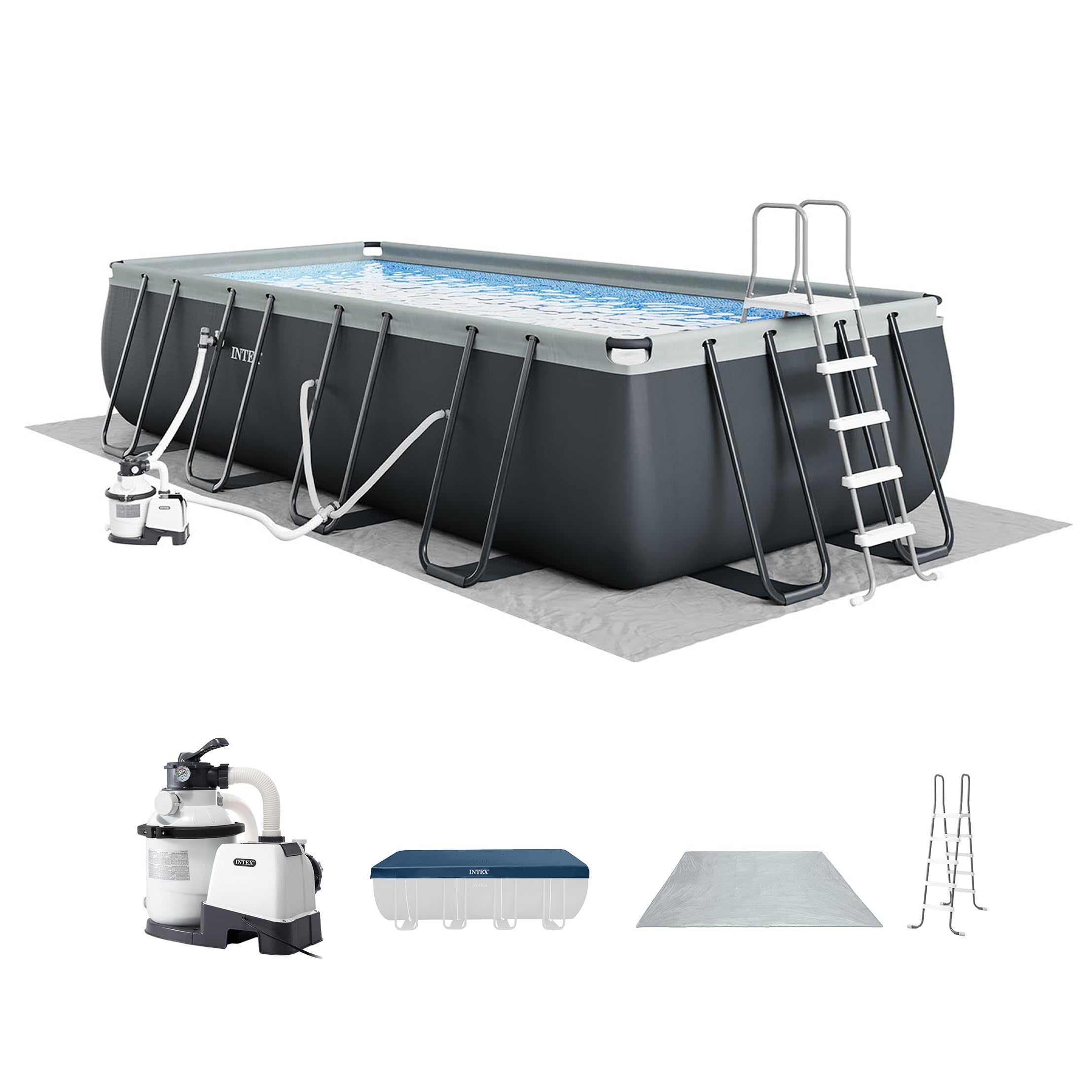Intex Ultra XTR 18 ft x 9 ft rectangular above-ground pool in dark gray with included sand pump, ladder, cover and ground cloth