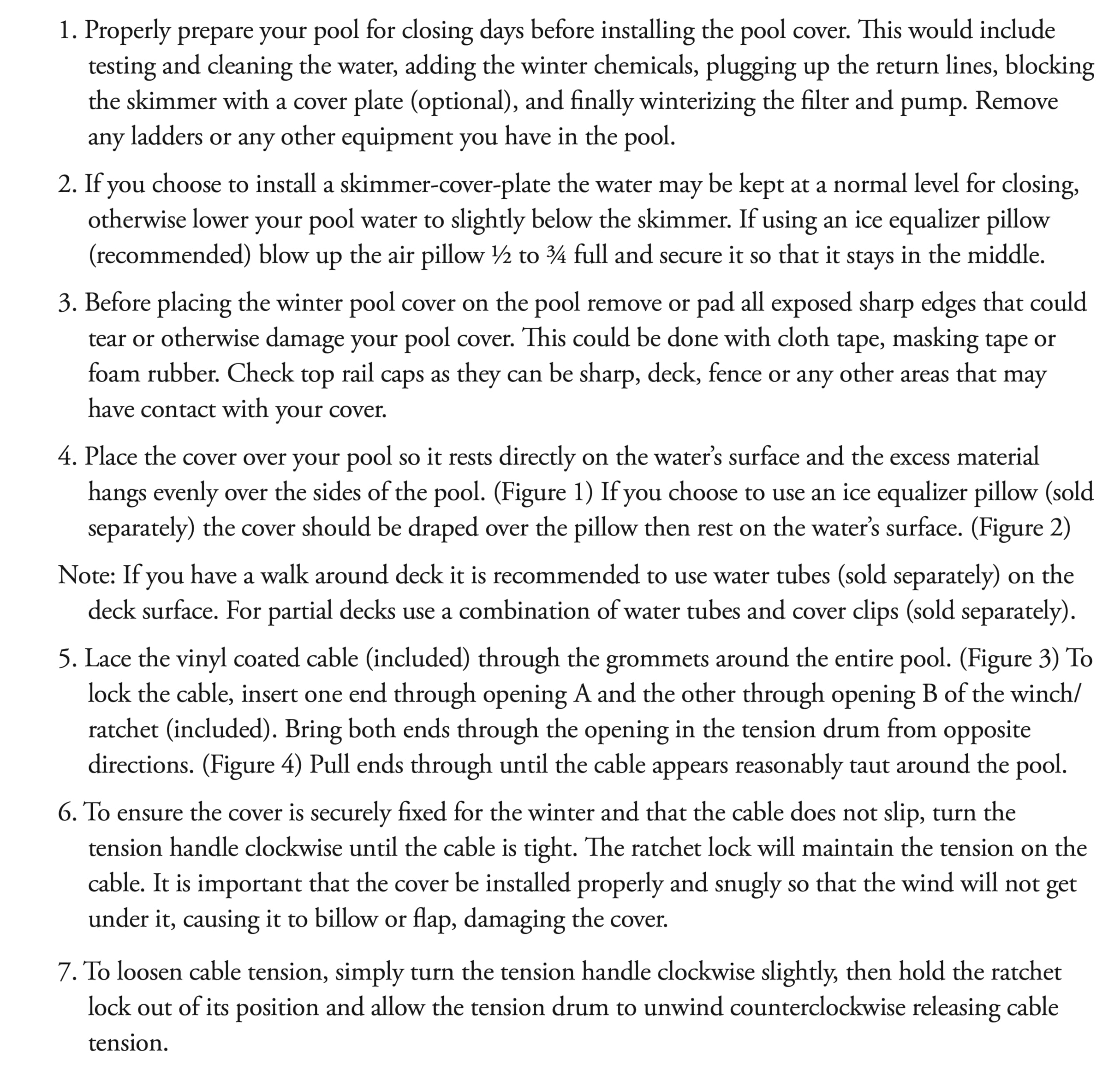 Step-by-step installation instructions for the Robelle winter pool cover, including lacing the cable and tensioning the winch