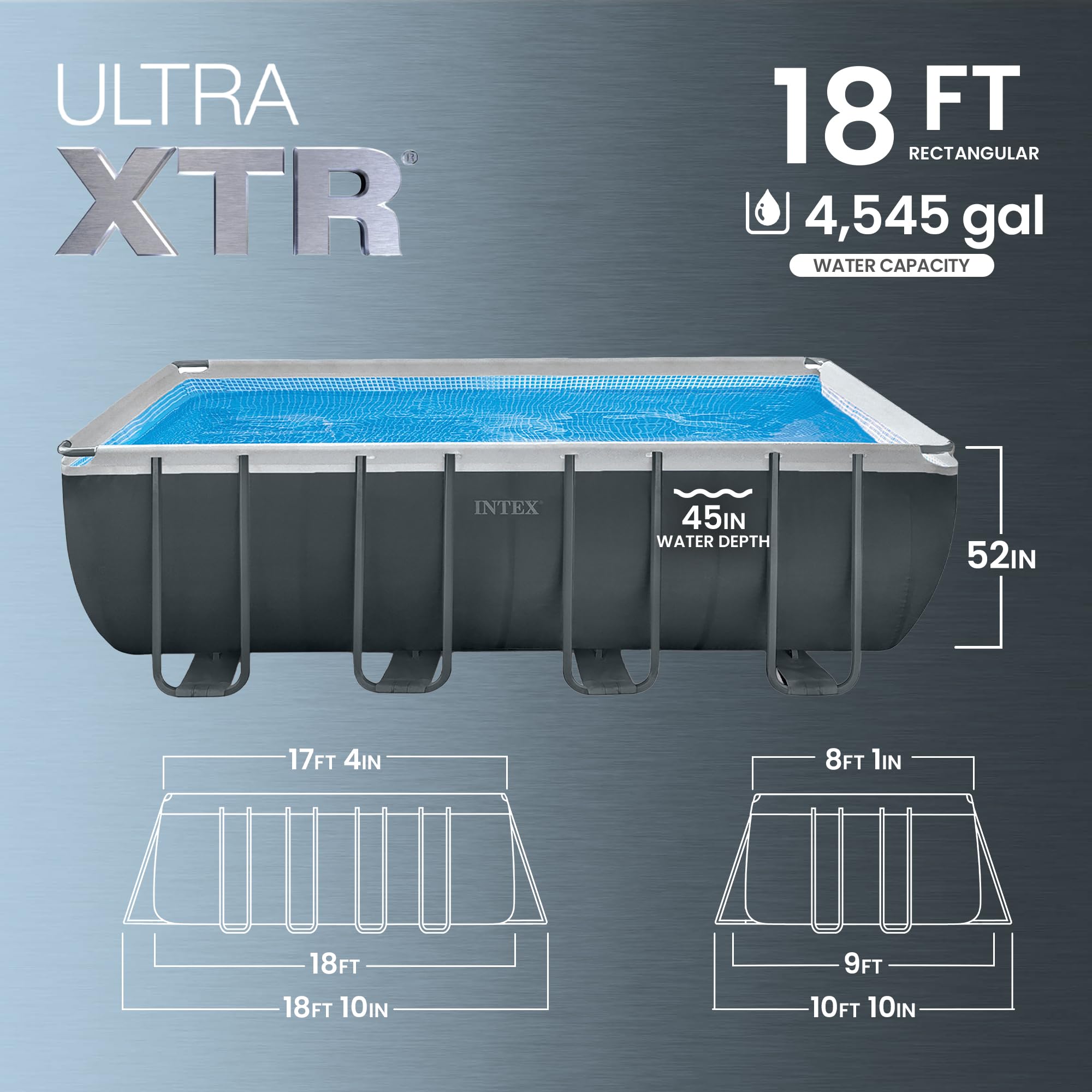 Intex Ultra XTR 18 ft pool diagram showing 4,545 gallon capacity and 45 in water depth
