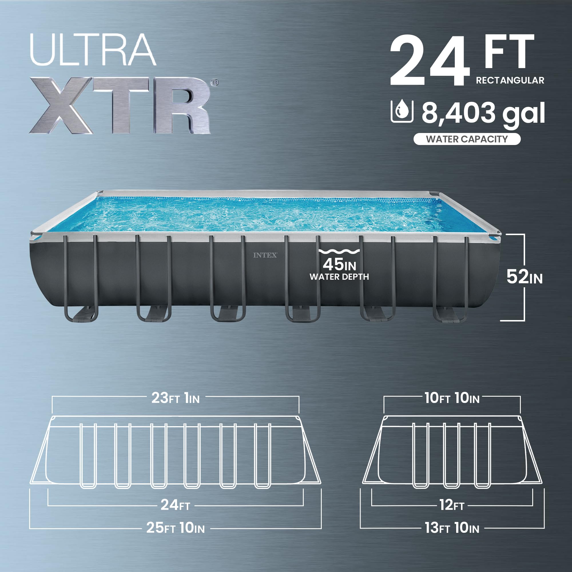 Intex Ultra XTR 24 ft pool diagram showing 8,403 gallon capacity and 45 in water depth