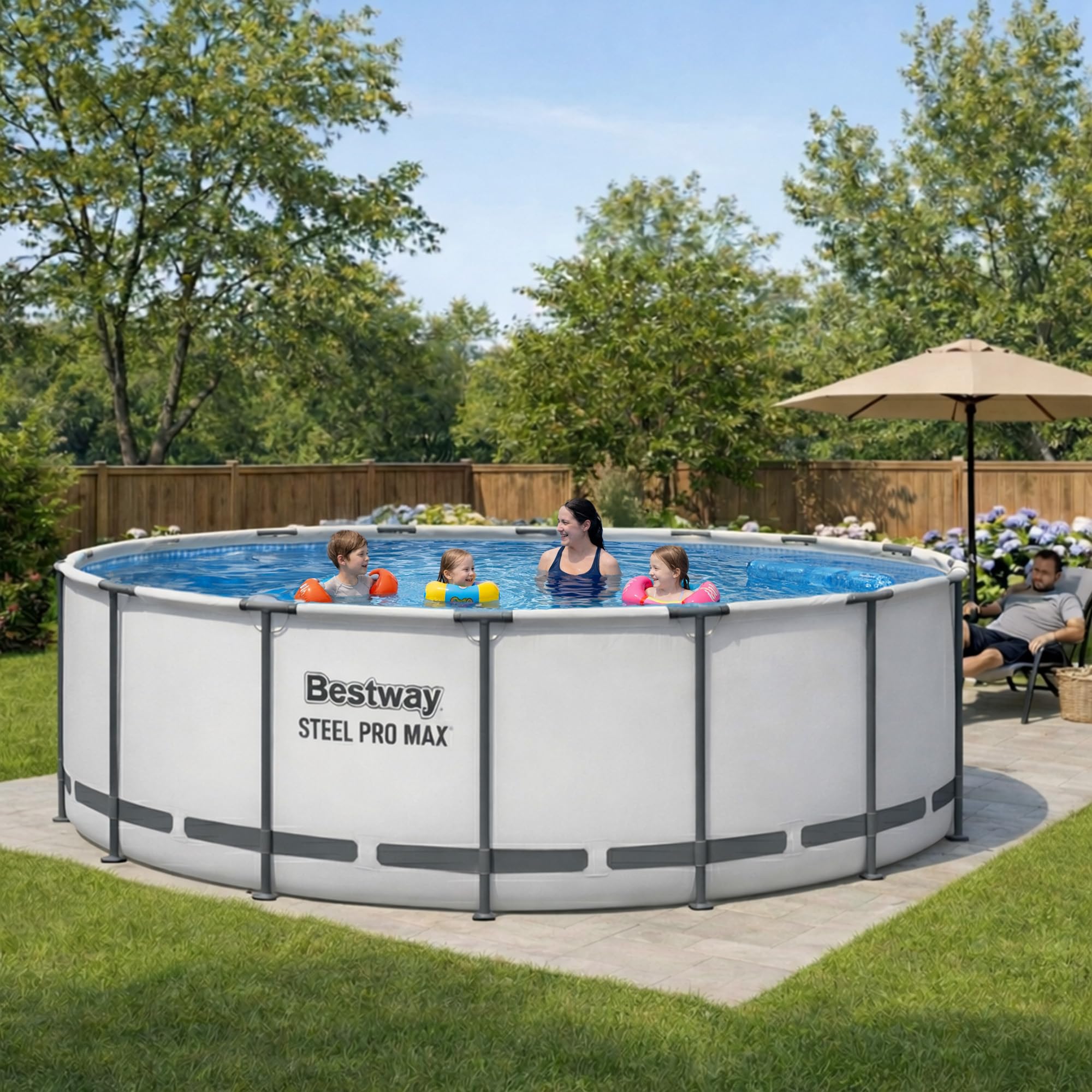 Family in the Bestway Steel Pro MAX round above-ground pool in a backyard