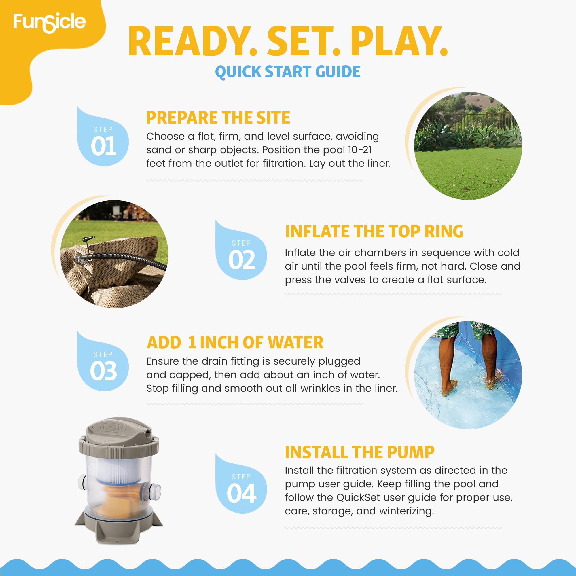 Funsicle QuickSet quick-start guide showing site prep, top-ring inflation, water fill and pump install