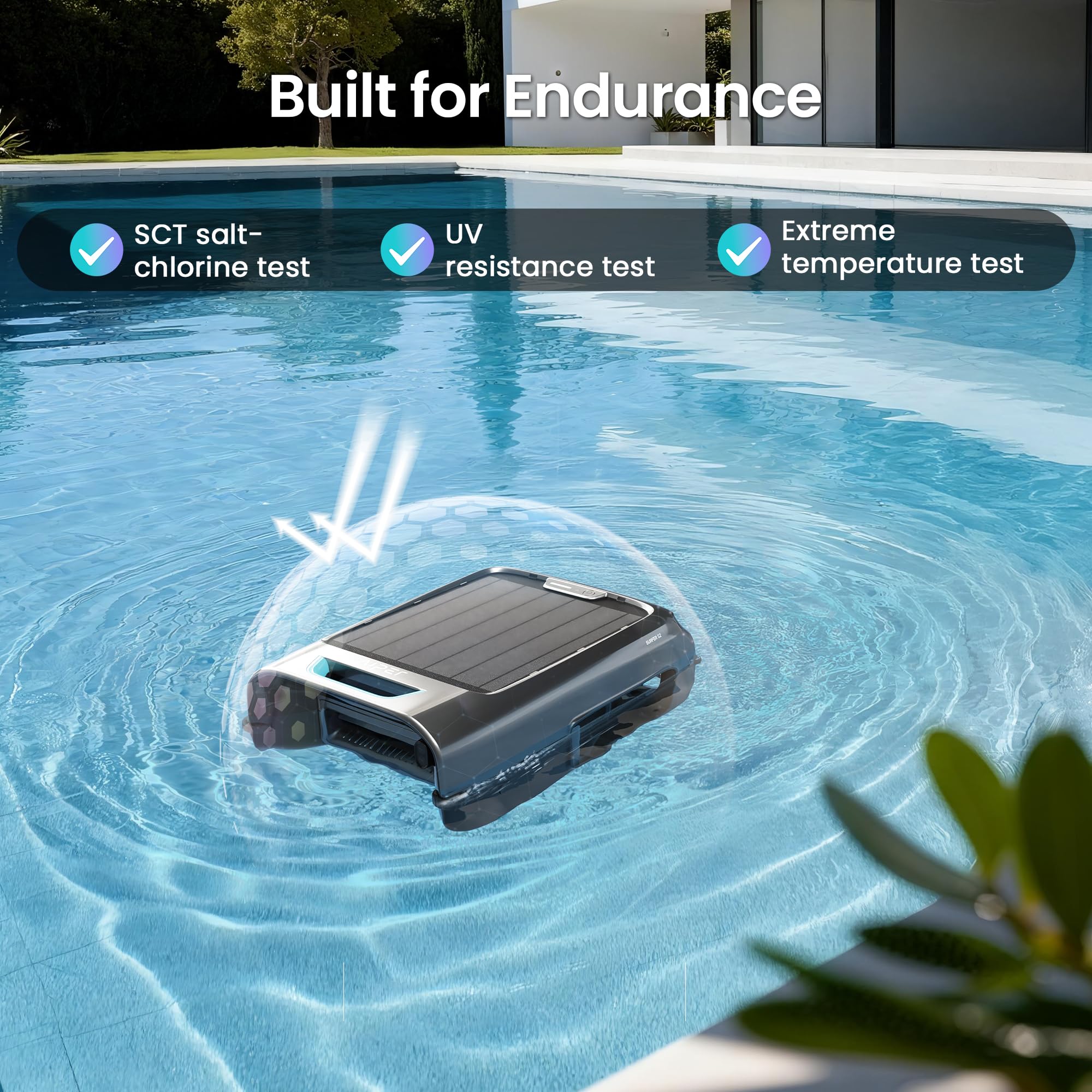 Built for Endurance graphic: the Aiper EcoSurfer S2 passing salt-chlorine, UV-resistance, and extreme-temperature tests while floating on a pool