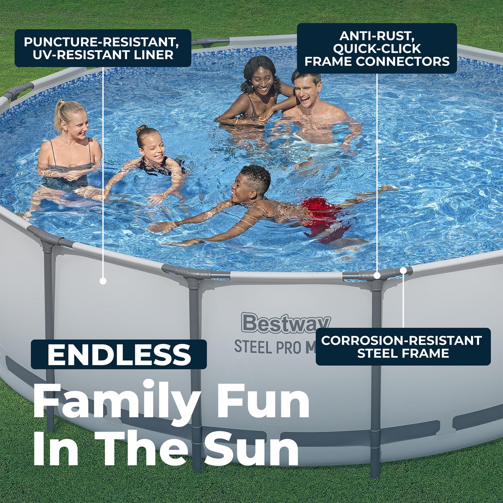 Bestway Steel Pro MAX pool highlighting the puncture-resistant liner and anti-rust quick-click steel frame