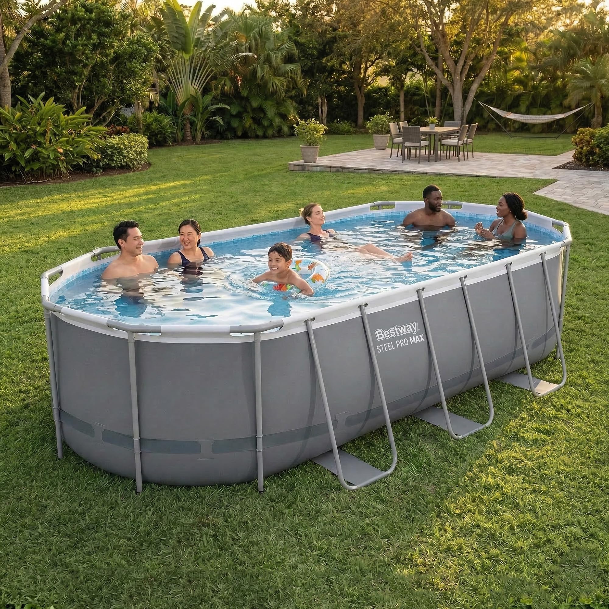 Family in the Bestway Steel Pro MAX 18 ft x 9 ft oval above-ground pool in a backyard