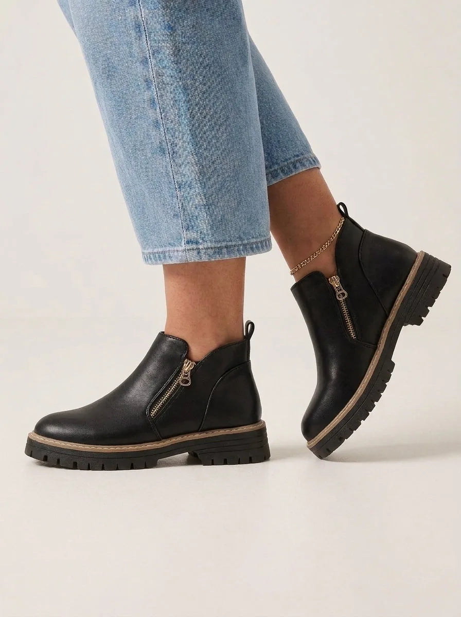Black Faux Leather Ankle Boots with Side Zip Detail and Lug Sole - image 2