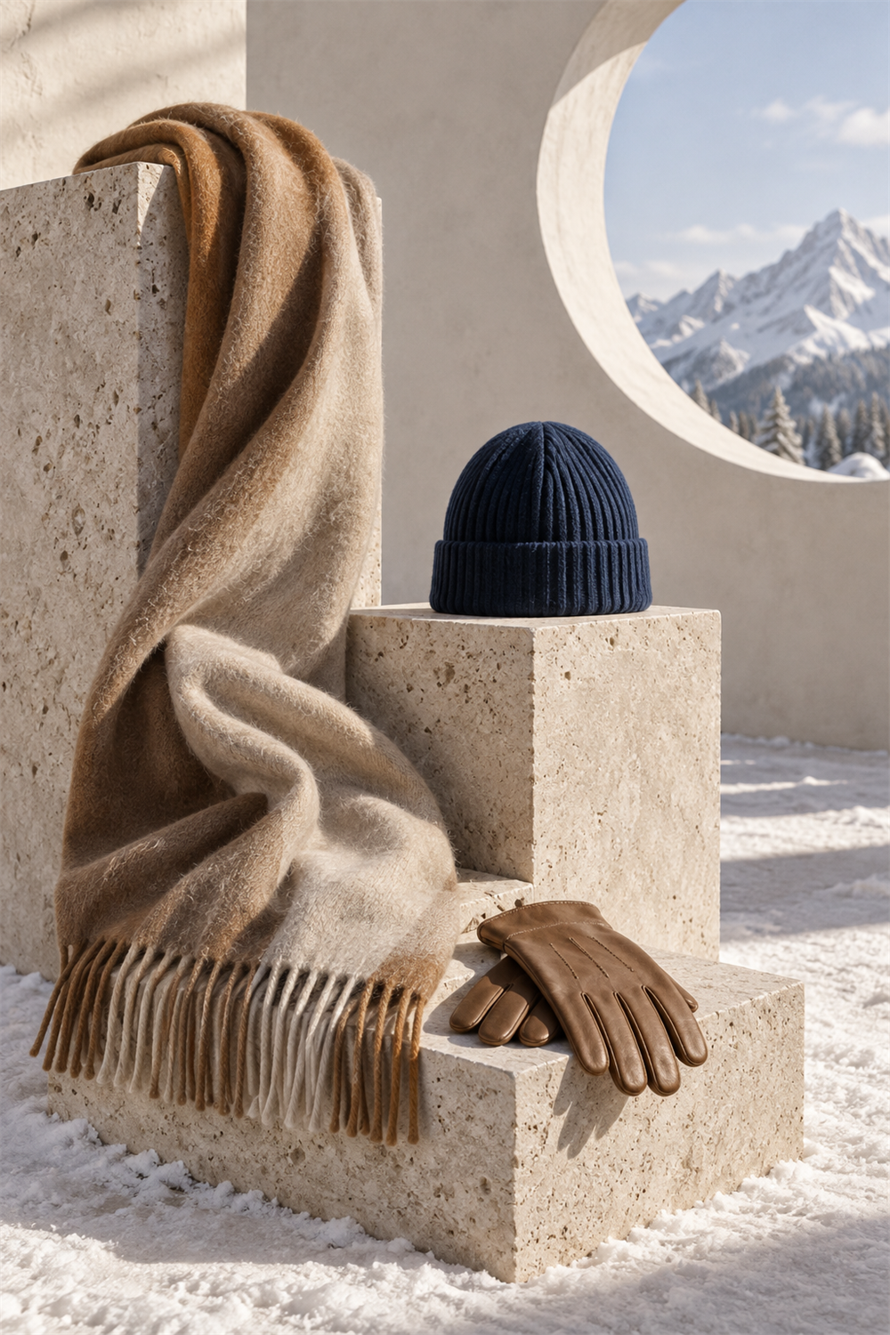 Camel scarf, navy beanie and tan leather gloves arranged on stone blocks with a snowy mountain behind