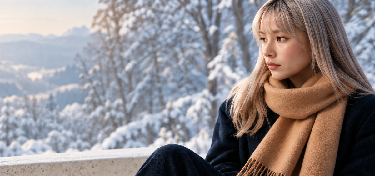 Woman in a camel wool scarf and navy coat looking out over a snowy forest