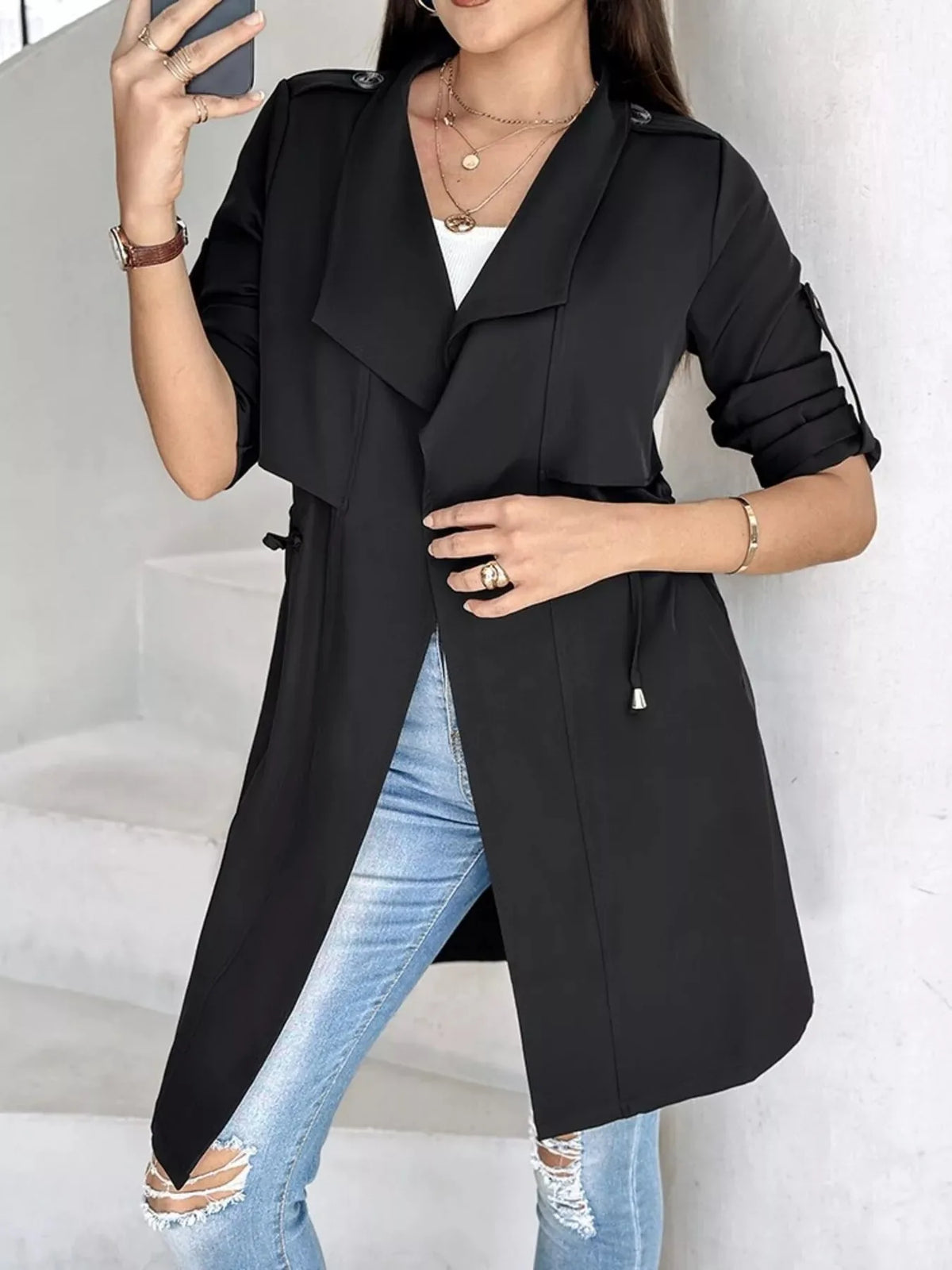 Draped Collar Drawstring Trench Coat - image 1