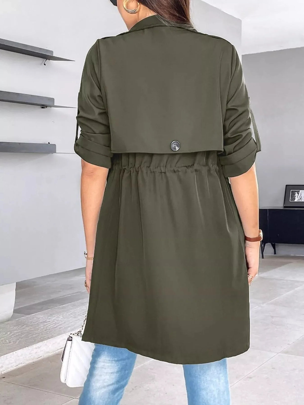 Draped Collar Drawstring Trench Coat - image 3