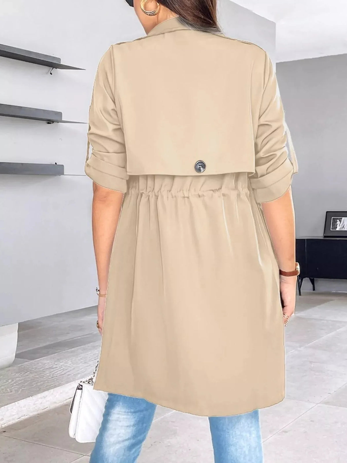 Draped Collar Drawstring Trench Coat - image 4