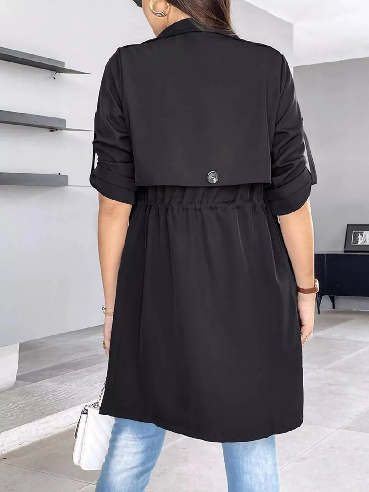 Draped Collar Drawstring Trench Coat - image 7