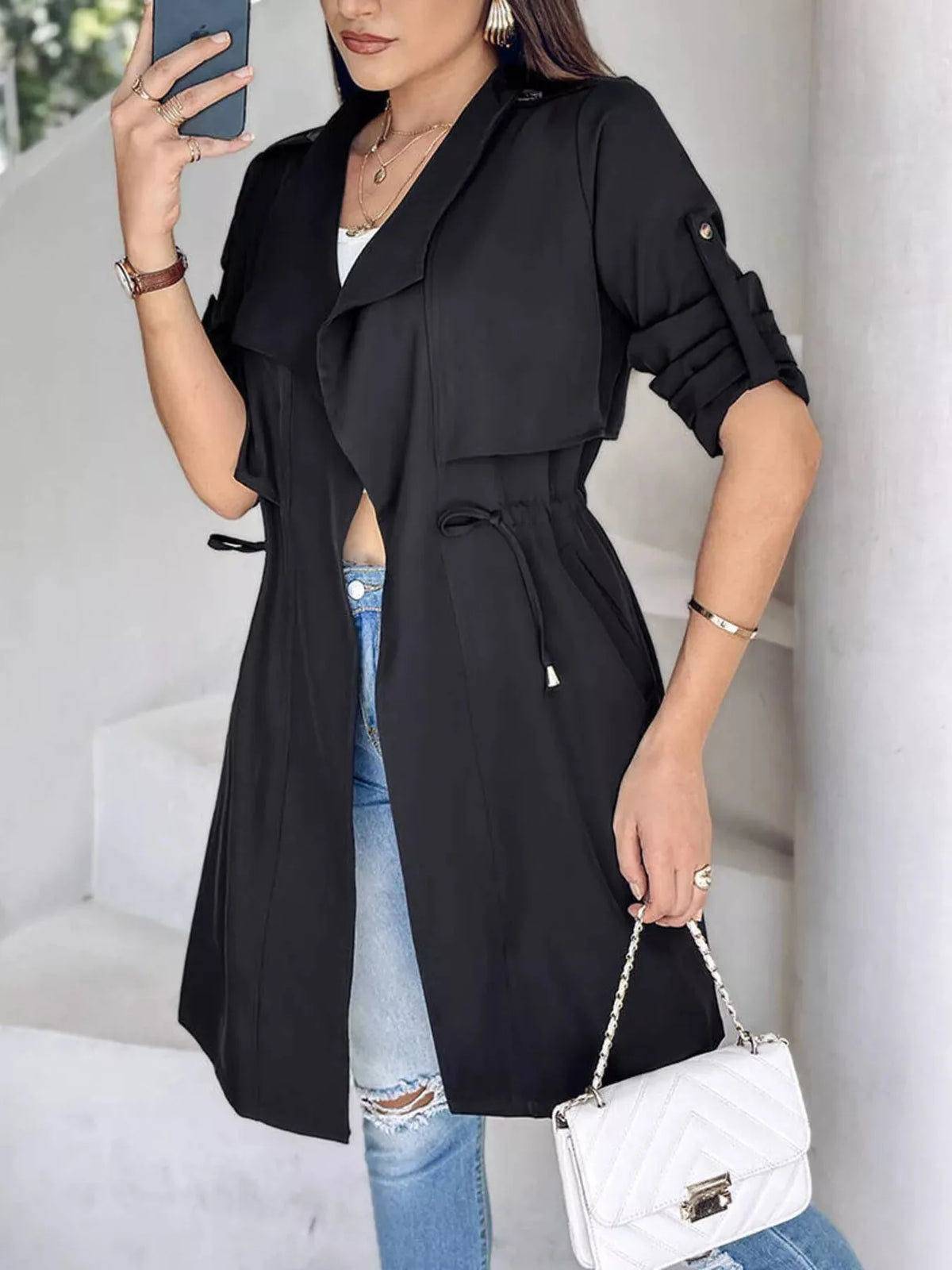 Draped Collar Drawstring Trench Coat - image 8