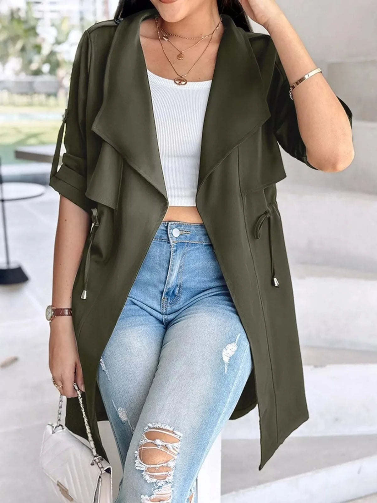 Draped Collar Drawstring Trench Coat - image 9