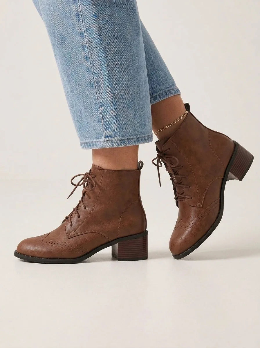 Faux Leather Lace-Up Ankle Boots with Side Zip and Block Heel – Black or Dark Brown - image 2
