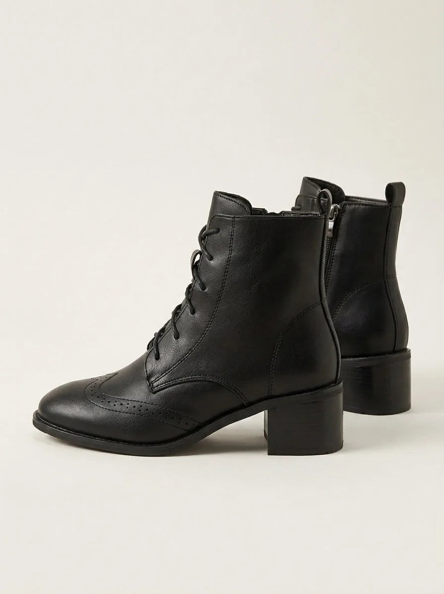 Faux Leather Lace-Up Ankle Boots with Side Zip and Block Heel – Black or Dark Brown - image 5