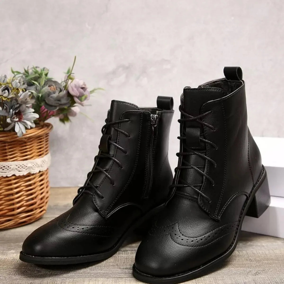 Faux Leather Lace-Up Ankle Boots with Side Zip and Block Heel – Black or Dark Brown - image 8
