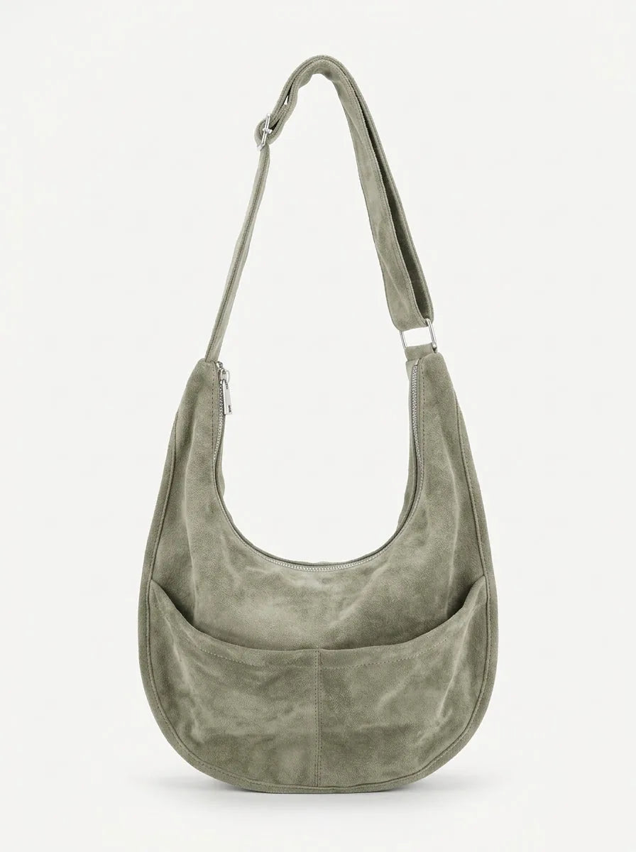 Faux Suede Hobo Shoulder Bag with Outer Pockets - image 2