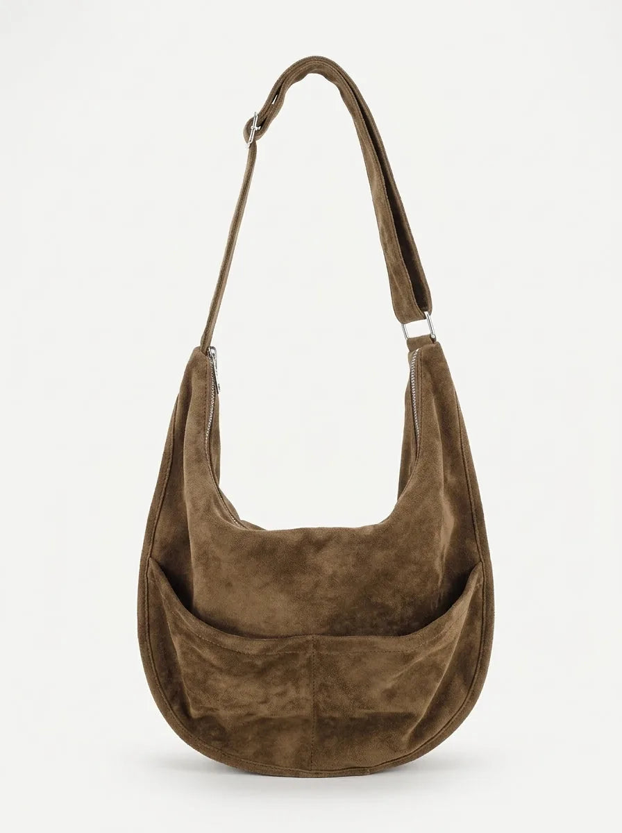 Faux Suede Hobo Shoulder Bag with Outer Pockets - image 4