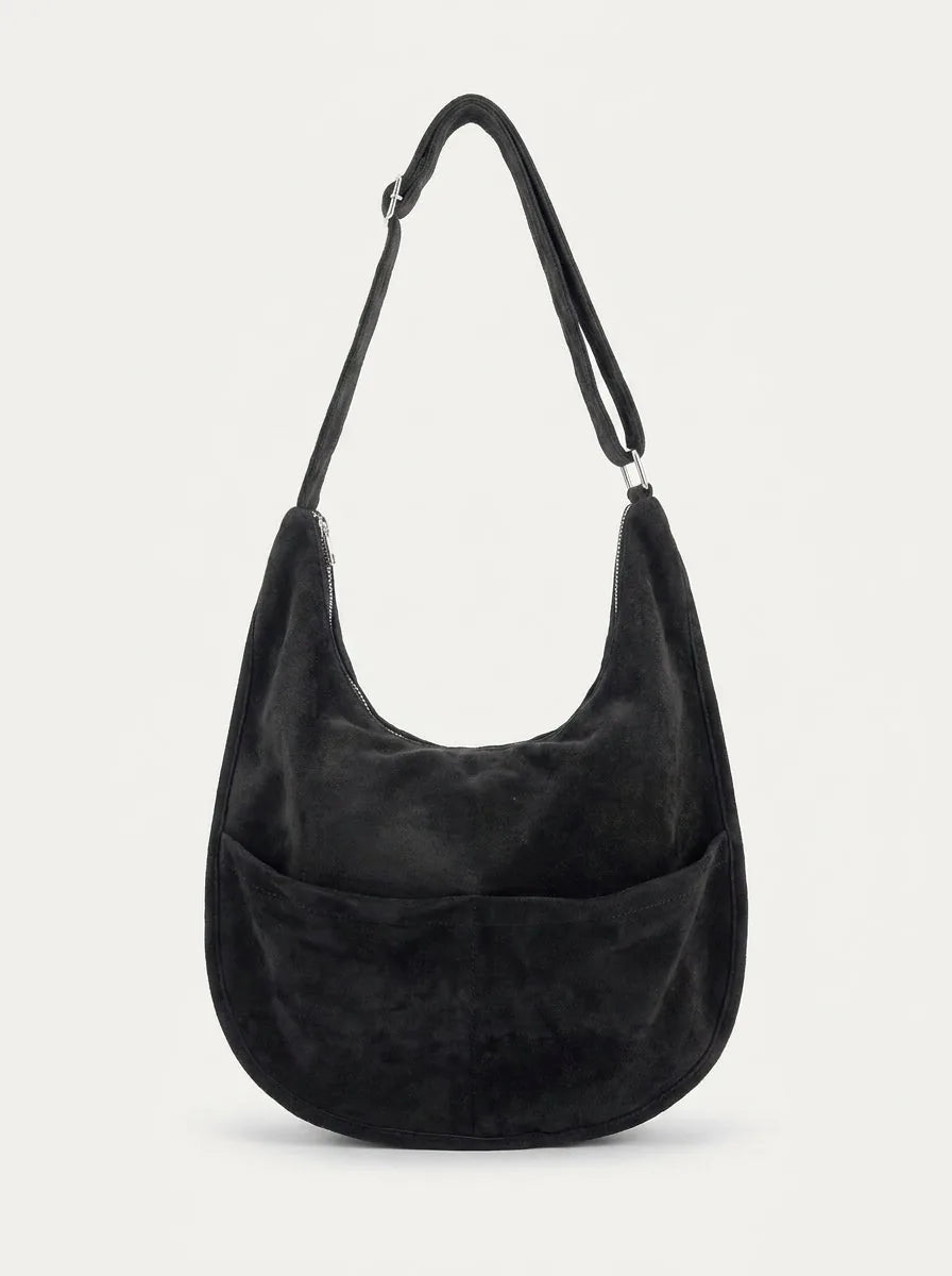 Faux Suede Hobo Shoulder Bag with Outer Pockets - image 5