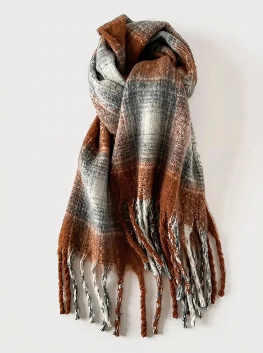 Long Plaid Scarf with Fringe, 84 Inch – Rust Brown & Grey - image 1
