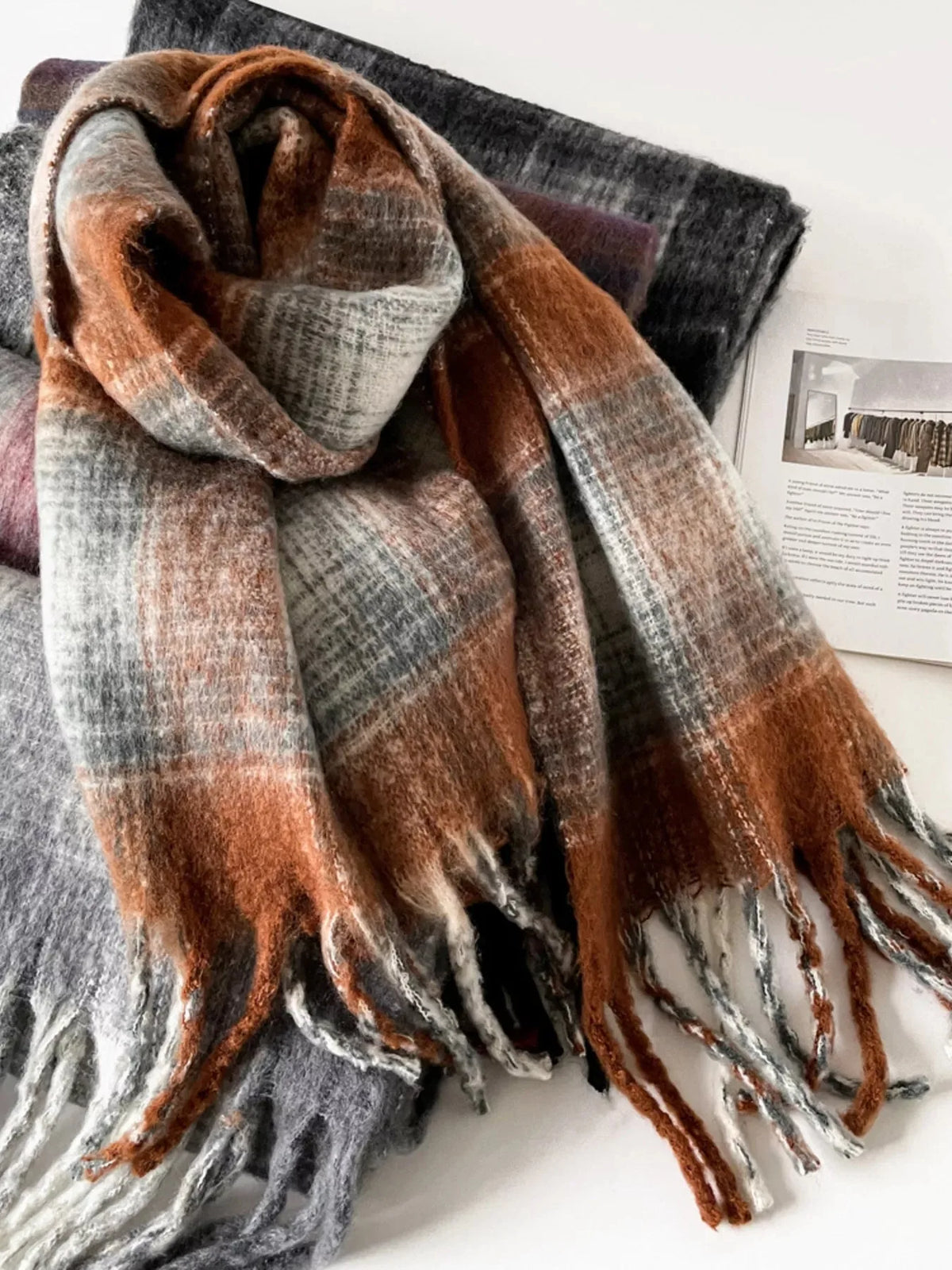 Long Plaid Scarf with Fringe, 84 Inch – Rust Brown & Grey - image 4