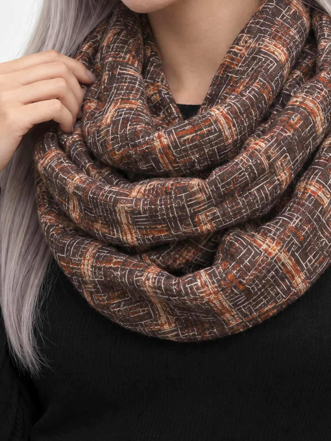 Plaid Infinity Loop Scarf in Soft Polyester – Brown or Taupe - image 4