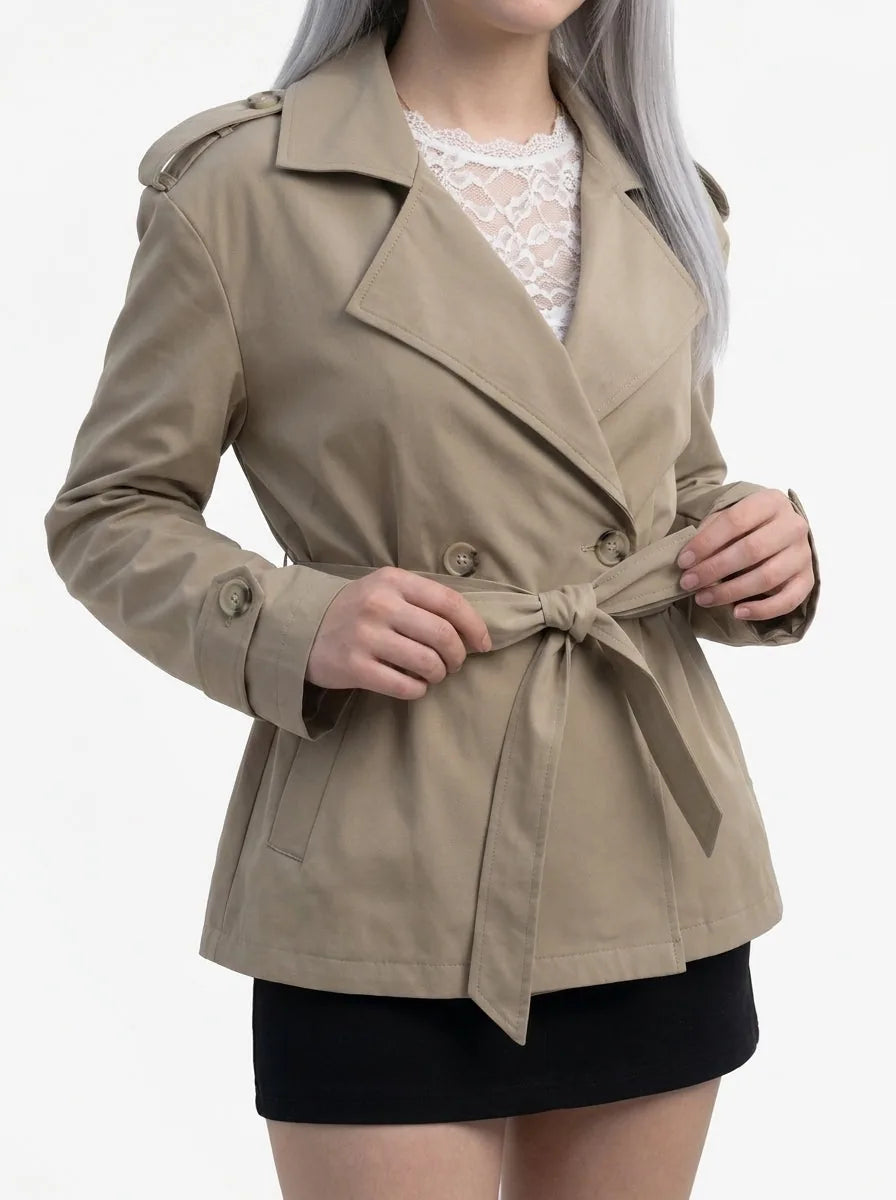 Short Double-Breasted Trench Coat with Tie Belt - image 2