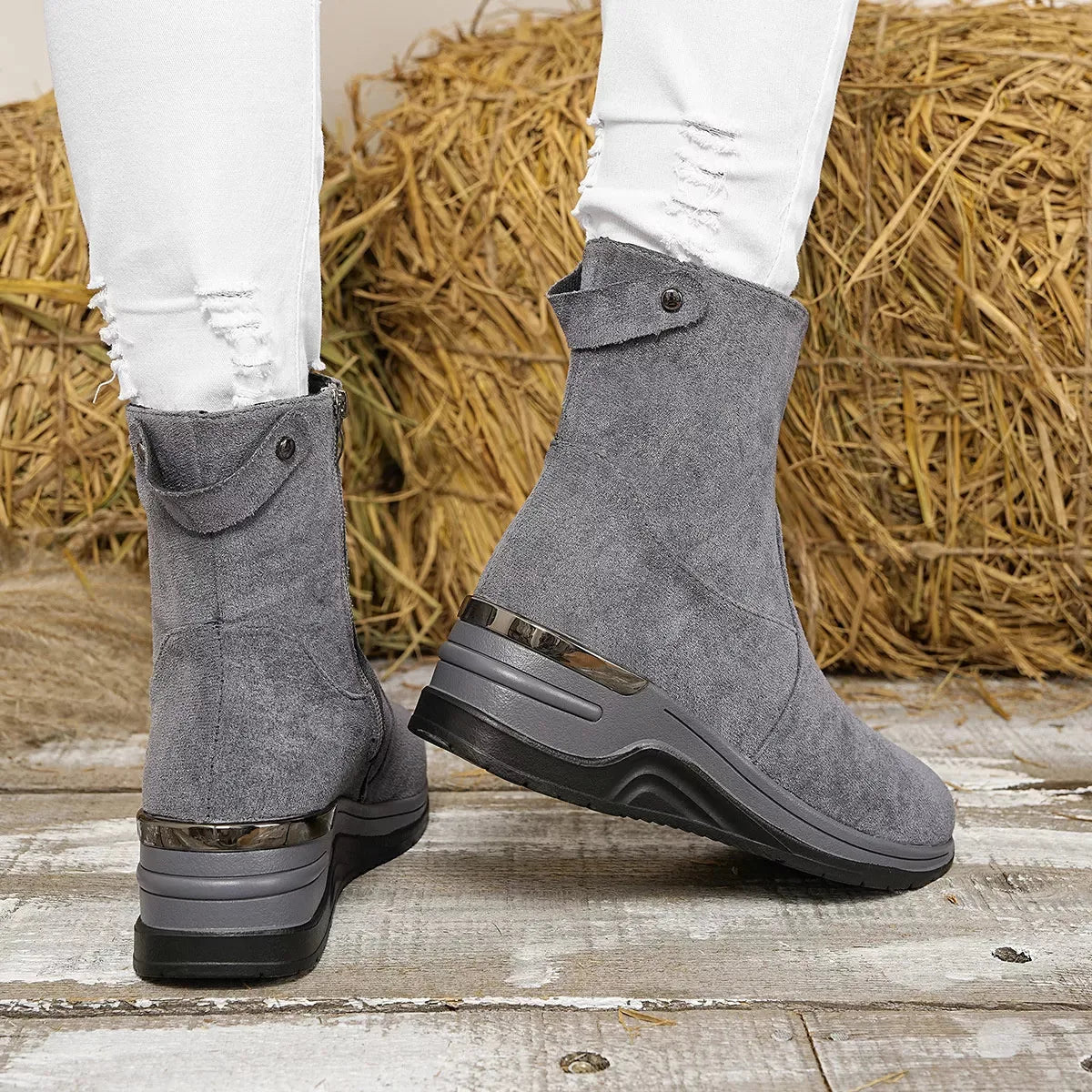 Suede Ankle Boots with Wedge Heel, Pull-On – Beige, Gray, Black or Taupe - image 4