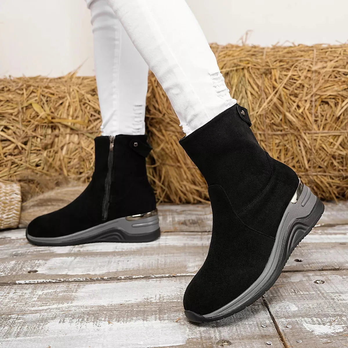 Suede Ankle Boots with Wedge Heel, Pull-On – Beige, Gray, Black or Taupe - image 6