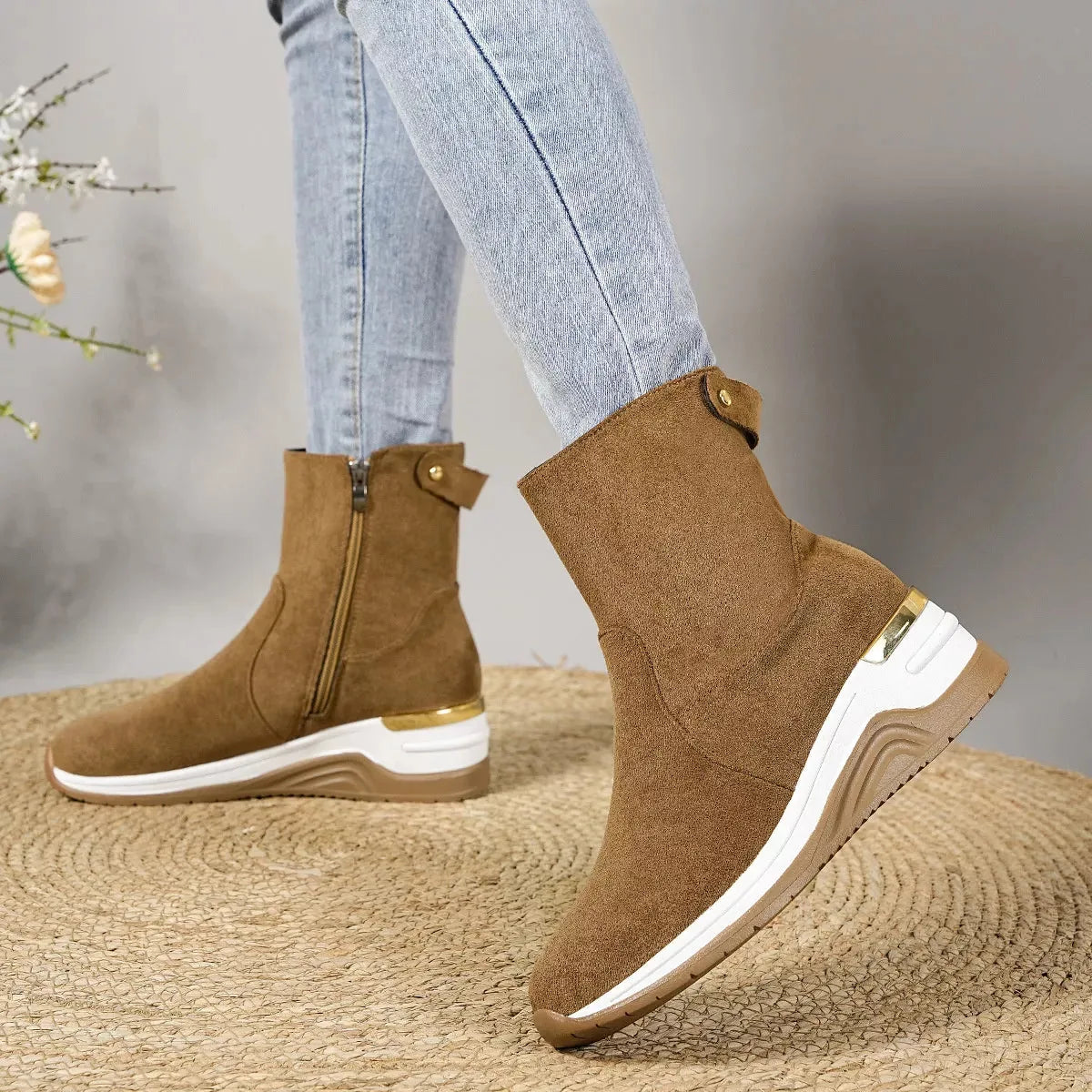 Suede Ankle Boots with Wedge Heel, Pull-On – Beige, Gray, Black or Taupe - image 8