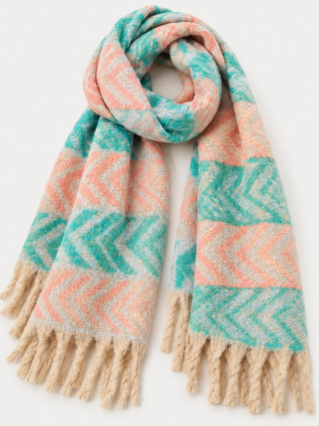 Two-Tone Zigzag Scarf with Fringe – Pink & Teal - image 2