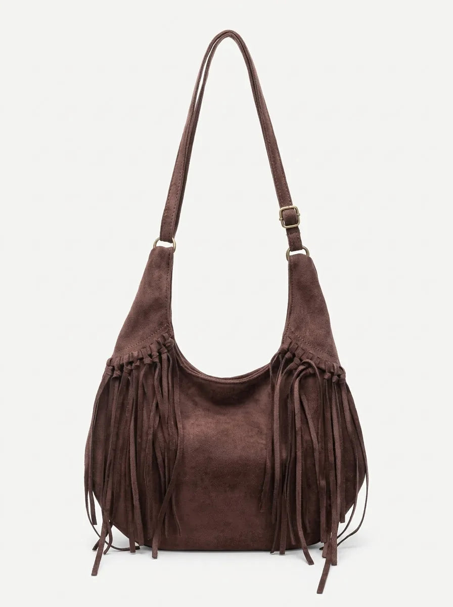 Western Faux Suede Fringe Hobo Bag - image 1
