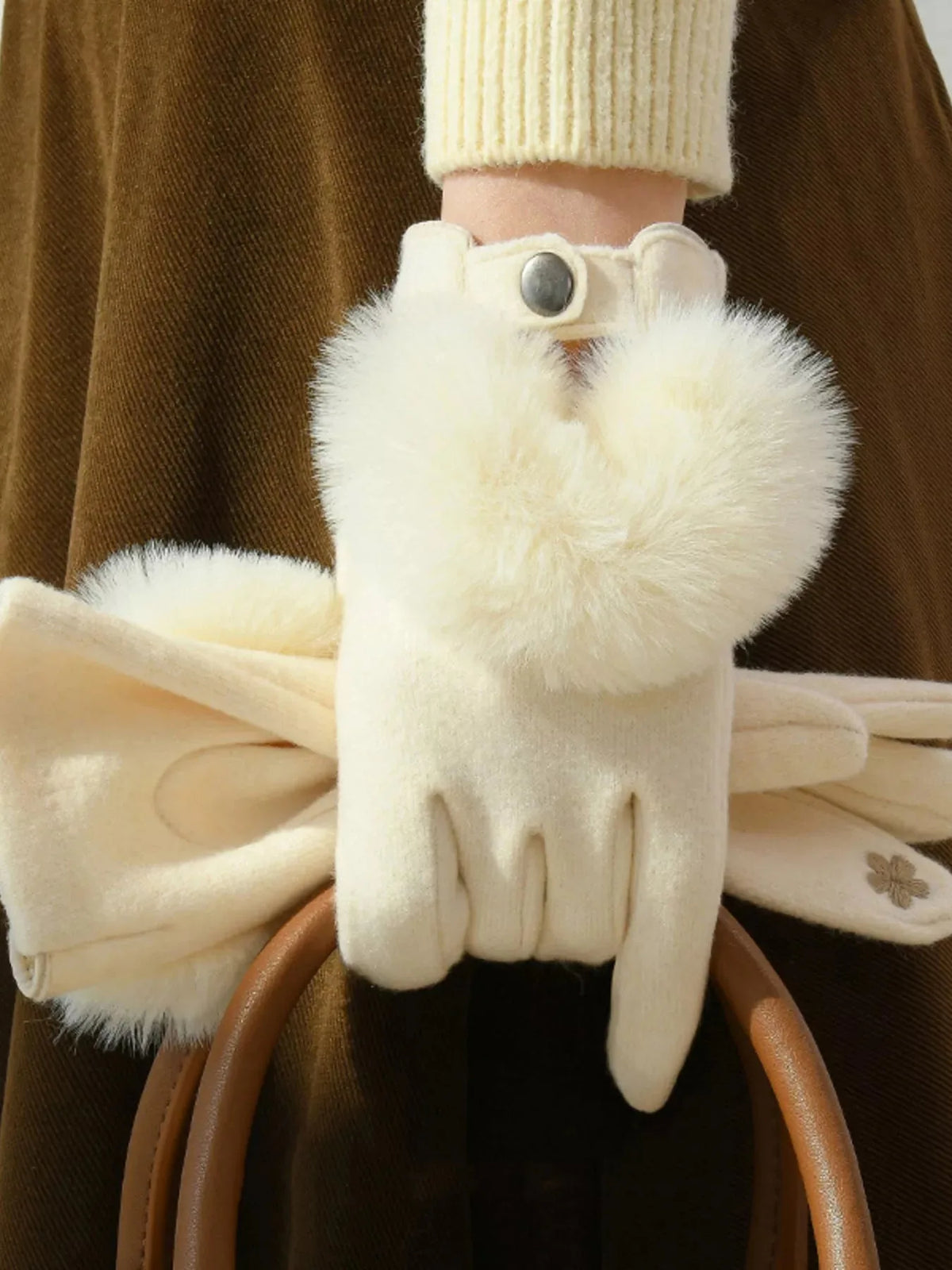 White Faux Fur Cuff Knit Gloves, 9 Inch - image 2