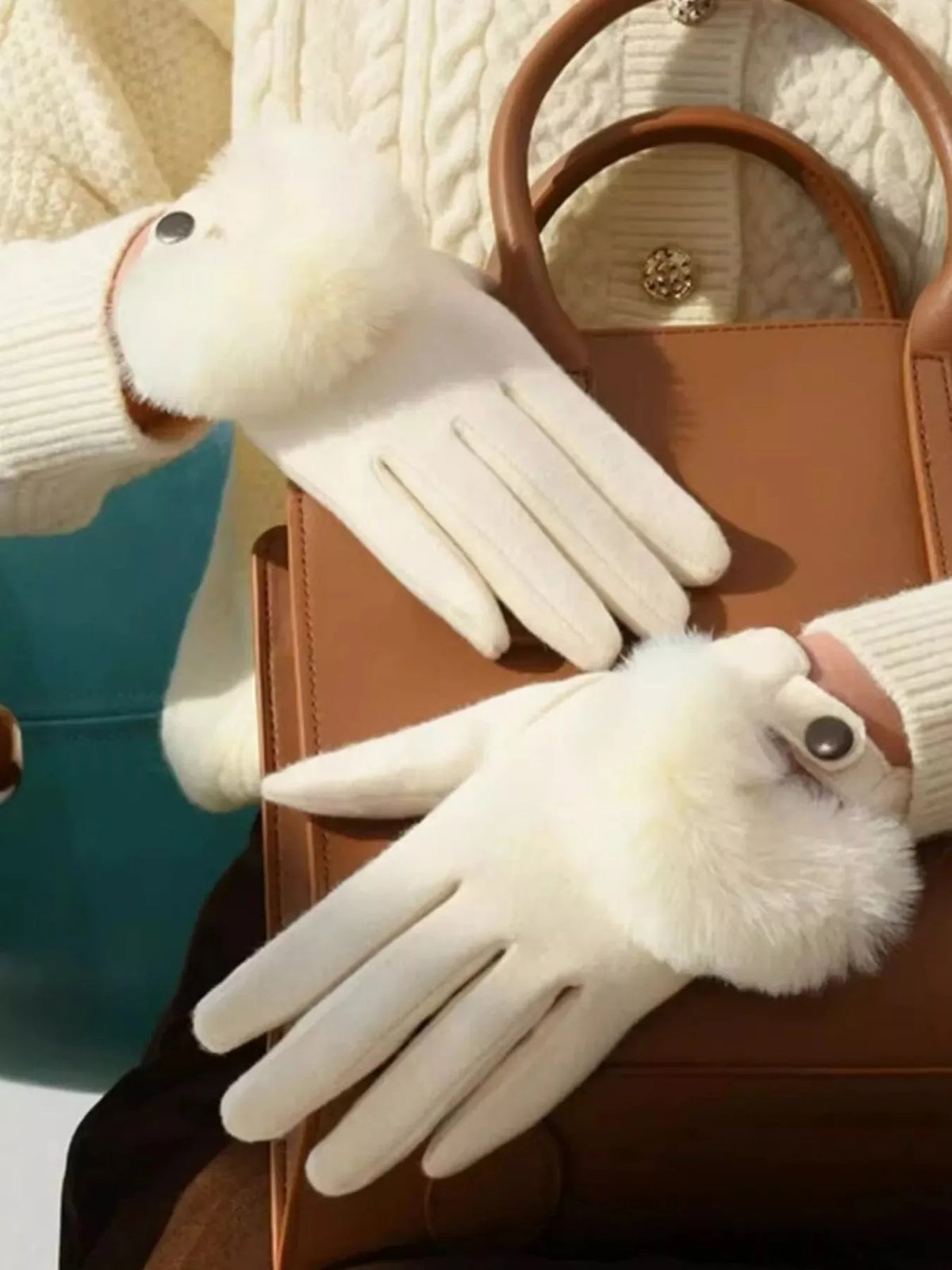 White Faux Fur Cuff Knit Gloves, 9 Inch - image 3