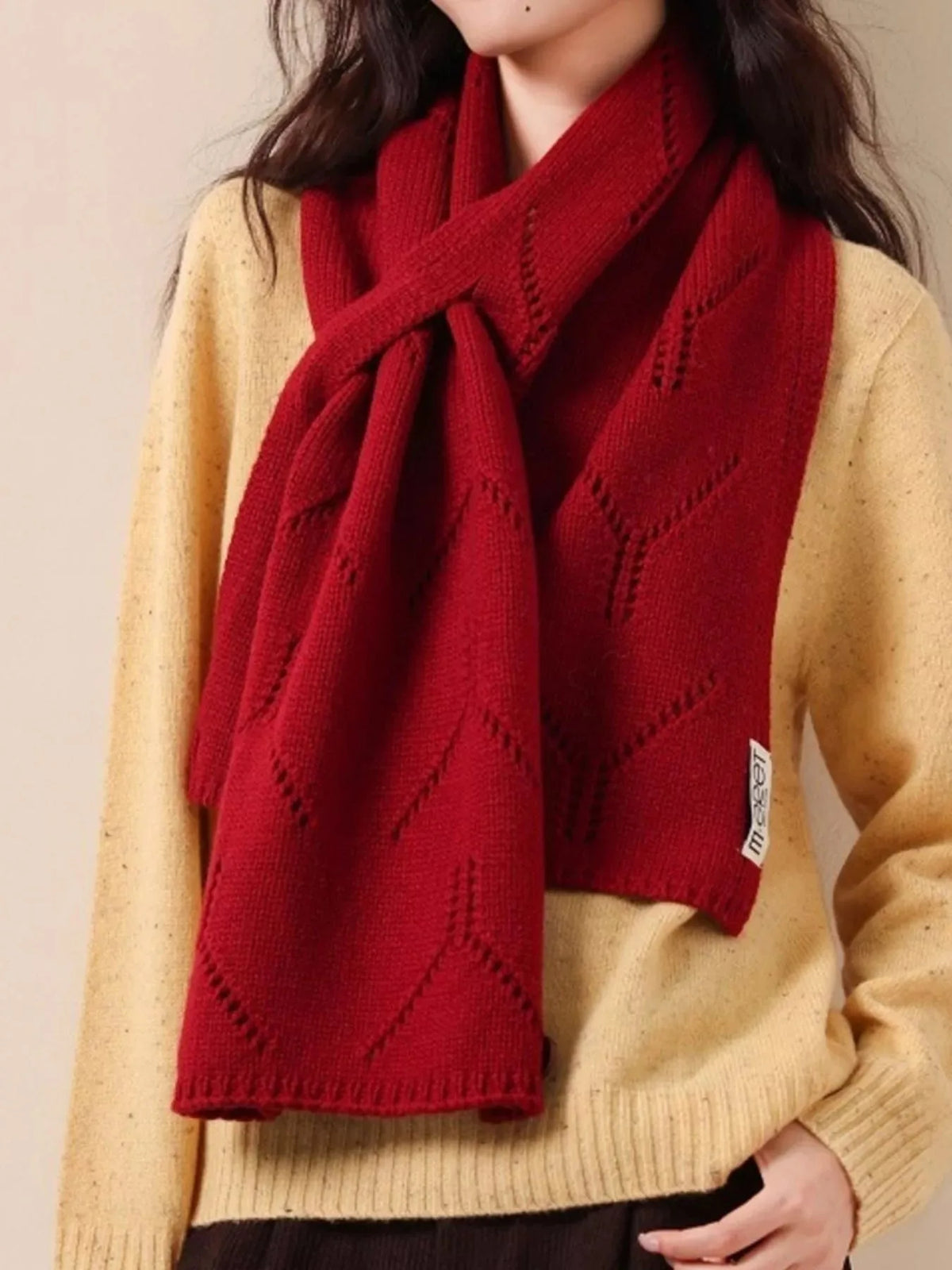 Wool Openwork Knit Scarf, 63 Inch - image 3