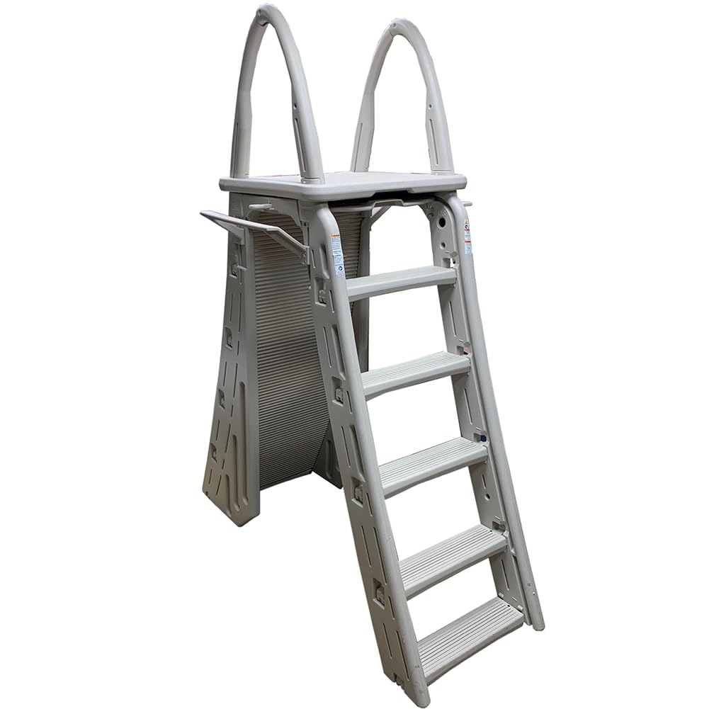 Confer Plastics Roll-Guard A-Frame above-ground pool ladder in warm grey, front view with outer steps and roll-guard barrier