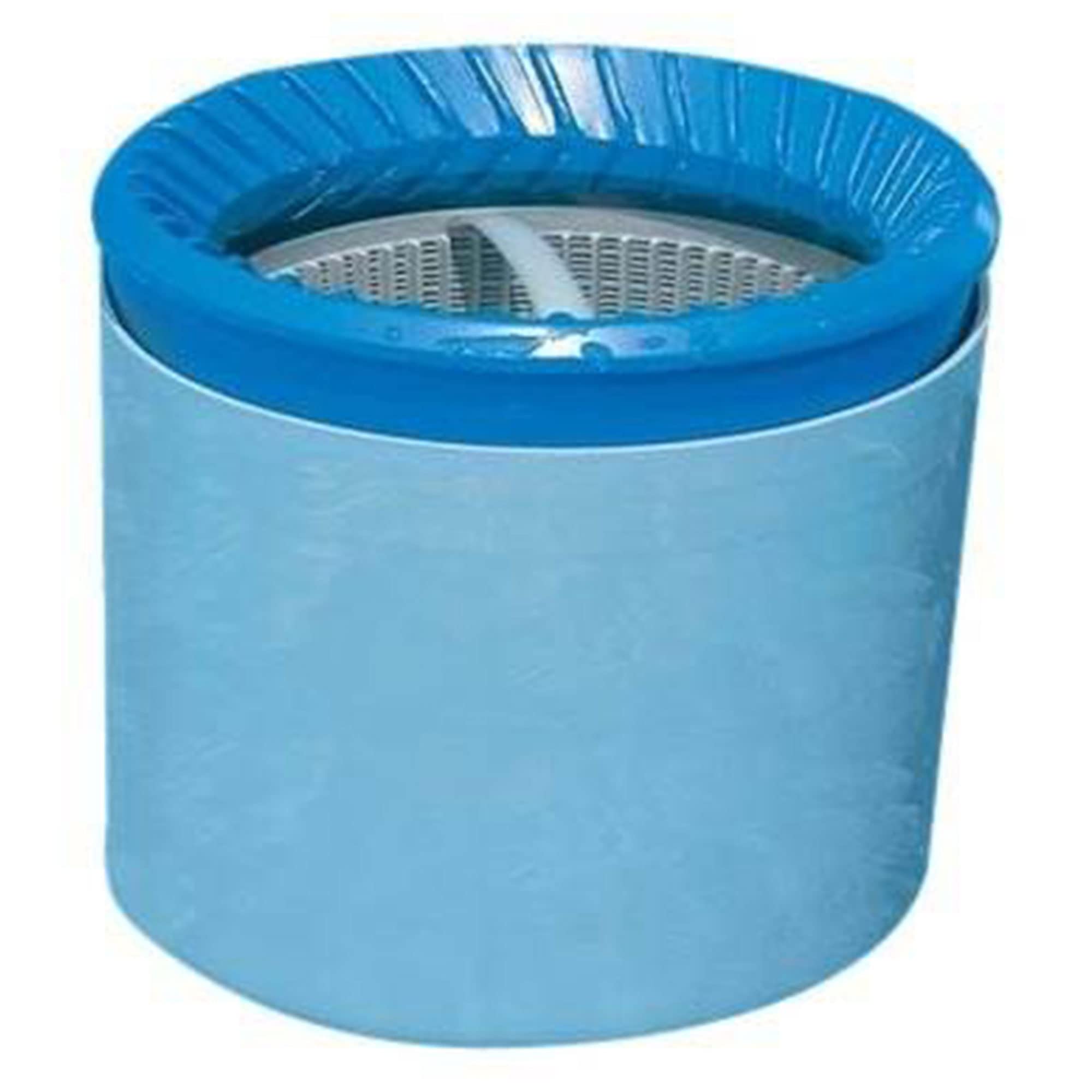 Close-up of the Intex skimmer's blue strainer basket and mesh filter