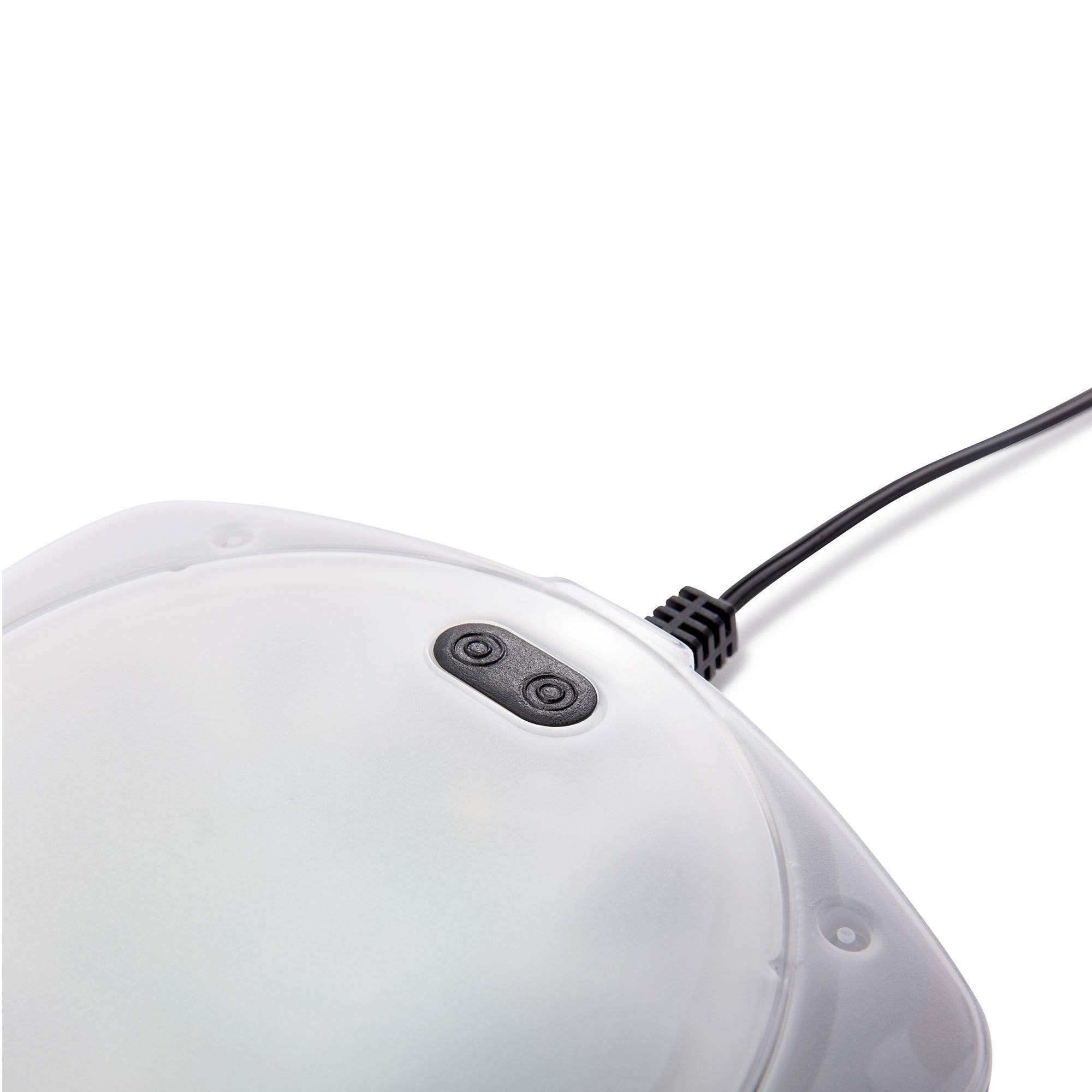 Close-up of the Intex LED light's two control buttons and power cord on the frosted lens