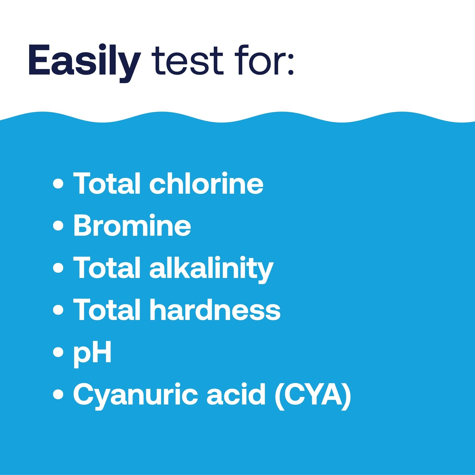 HTH graphic listing what the kit tests for: total chlorine, bromine, total alkalinity, total hardness, pH, and cyanuric acid
