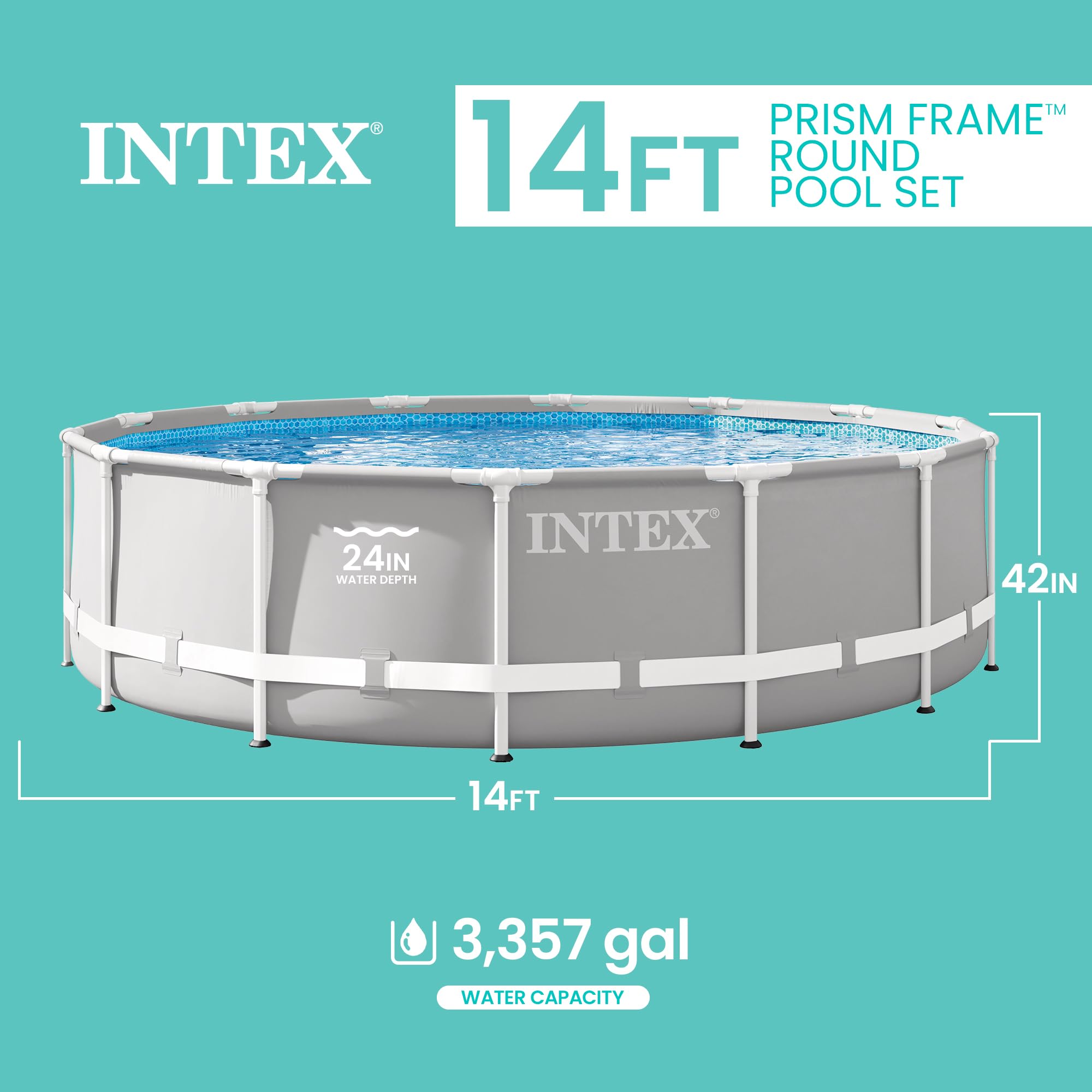 Intex Prism Frame 14 ft round pool diagram showing 42 in height, 24 in water depth and 3,357 gallon capacity